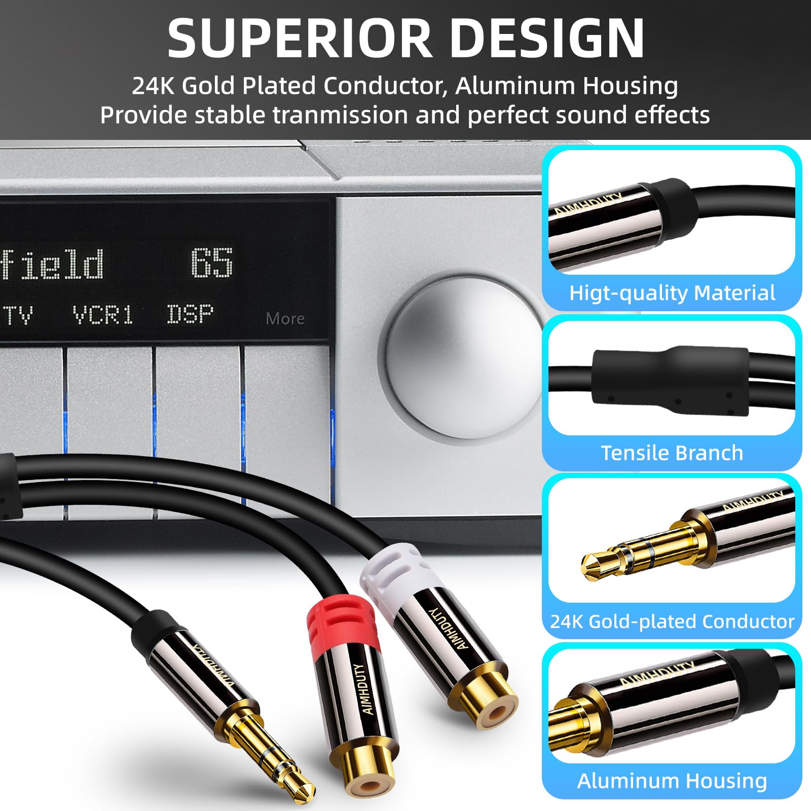 Cavo splitter da RCA a Aux, adattatore audio stereo da maschio 3,5 mm a 2RCA femmina, connettore da 1/8 a RCA, cavo audio stereo ausiliario Hi-Fi per iPhone, tablet, computer, MP3