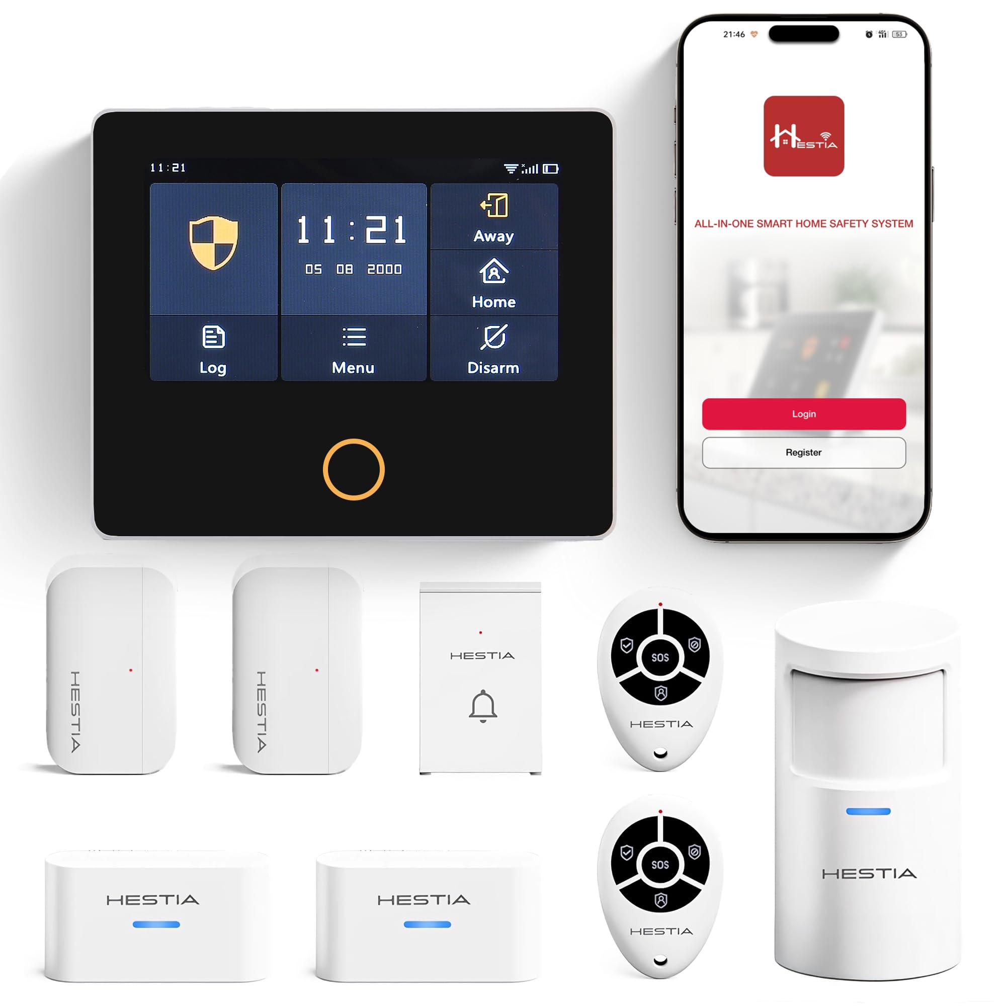 HESTIA Kit di sicurezza domestica intelligente HD da 4,3 pollici, sistema di allarme wireless senza canone mensile, kit di sicurezza per la casa touch screen con sensore di movimento PIR, sensore per