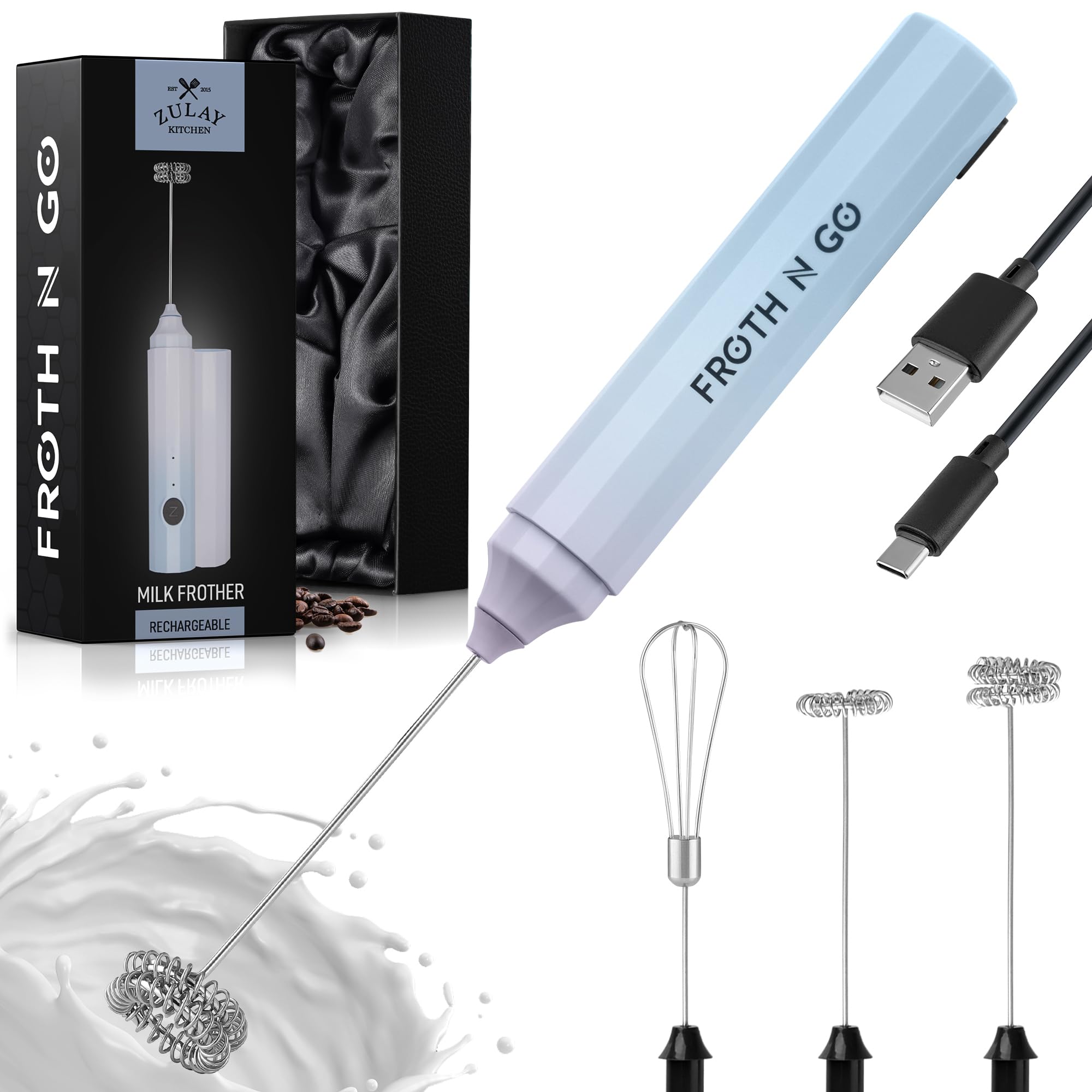 Zulay Froth N Go Milk Frother Rechargeable - 3-in-1 Frother Wand With Case & USB-C Charger - Comes With 3 Whisk Attachments for Latte, Cappuccino, Matcha, Protein Shakes - Cloud