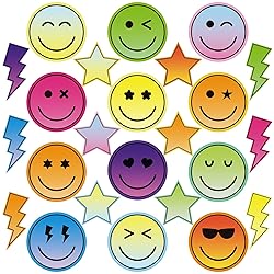 Janlaugh 48 Pcs Bulletin Board Cutouts Bright Smile Face Cutout with Glue Point Happy Face Preppy Smile Cutouts Assorted Stars Lightning Paper Cutouts for Teacher Student Back to School Party Supplies