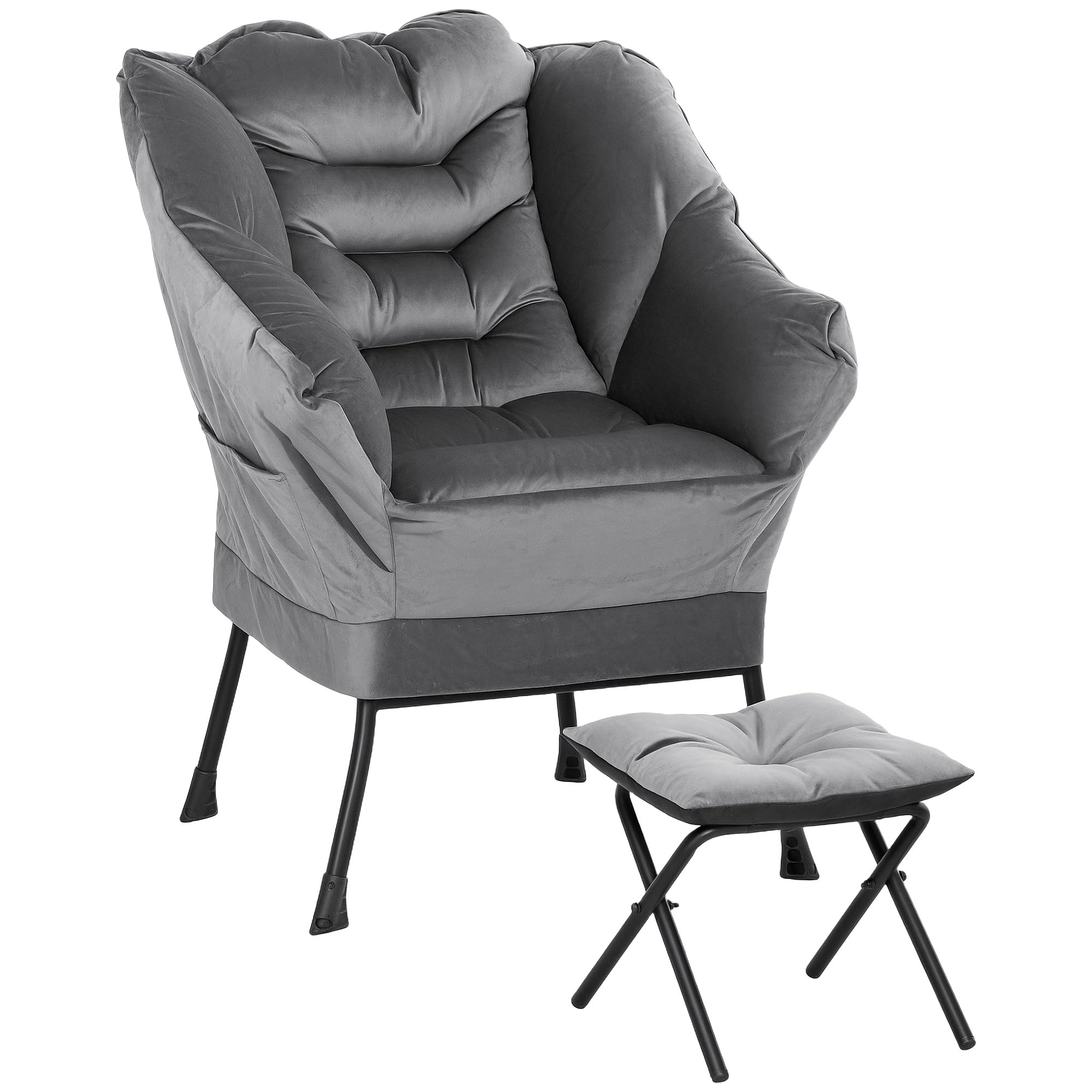 HOMCOM Set Poltrona con Poggiapiedi per Soggiorno in Tessuto Effetto Velluto, Poltrona Camera da Letto con 2 Tasche Laterali, Braccioli e Schienale, Struttura in Acciaio, 80x78x100 cm, Grigio