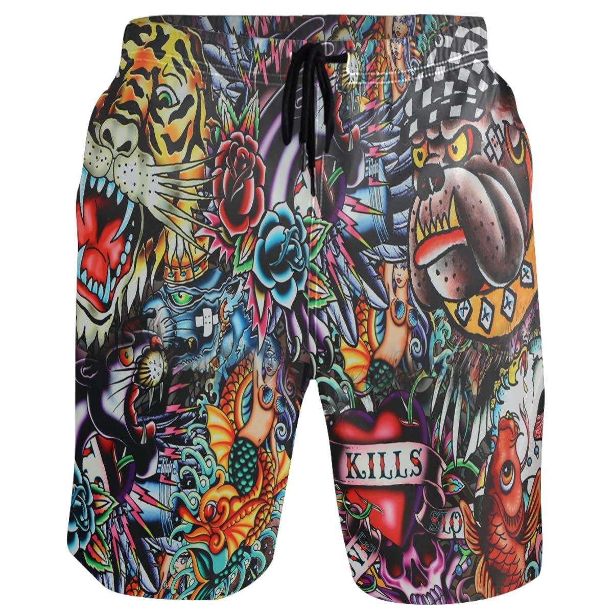 visesunny Men's Cool Mermaid Rose Tiger Dog Tattoo Swimtrunks Casual Hawaiian Mesh Lining Beach Board Shorts with Pockets