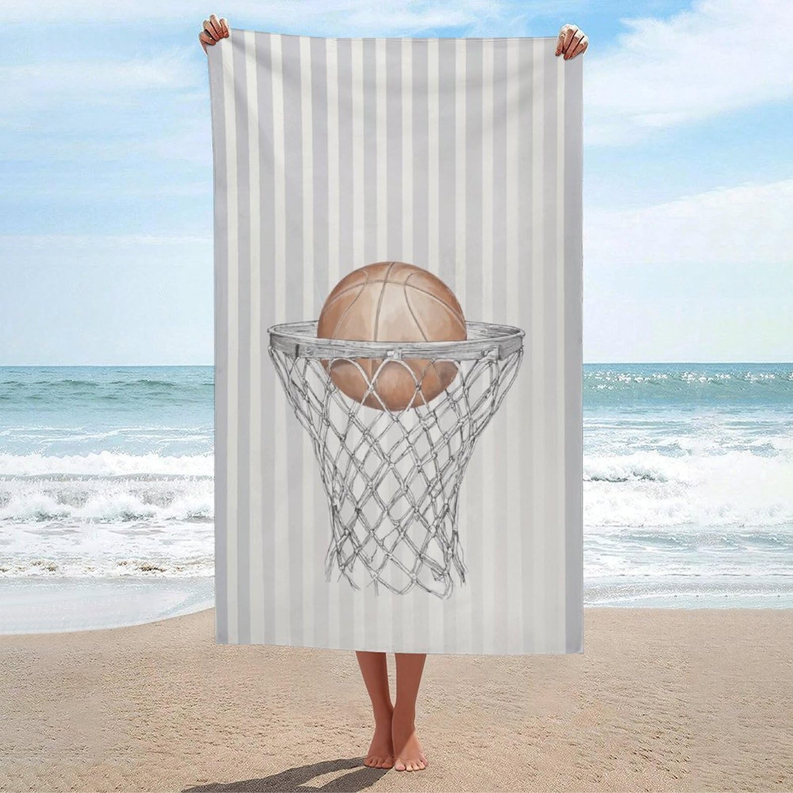 asbwuo Vertically Stripes with Basketball Beach Towel