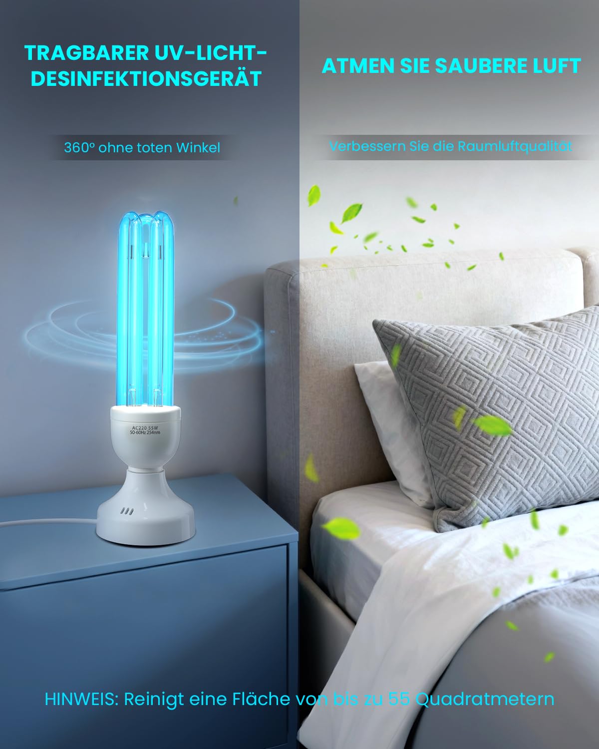 55W UV Lampe Desinfektion Ozon Licht mit Fernbedienung und 3 Timer Keimtötende Lampe, Duale Sterilisation und Desinfektion, AC220-240V, Perfekt für Küche, Schlafzimmer, Büro Frischluft