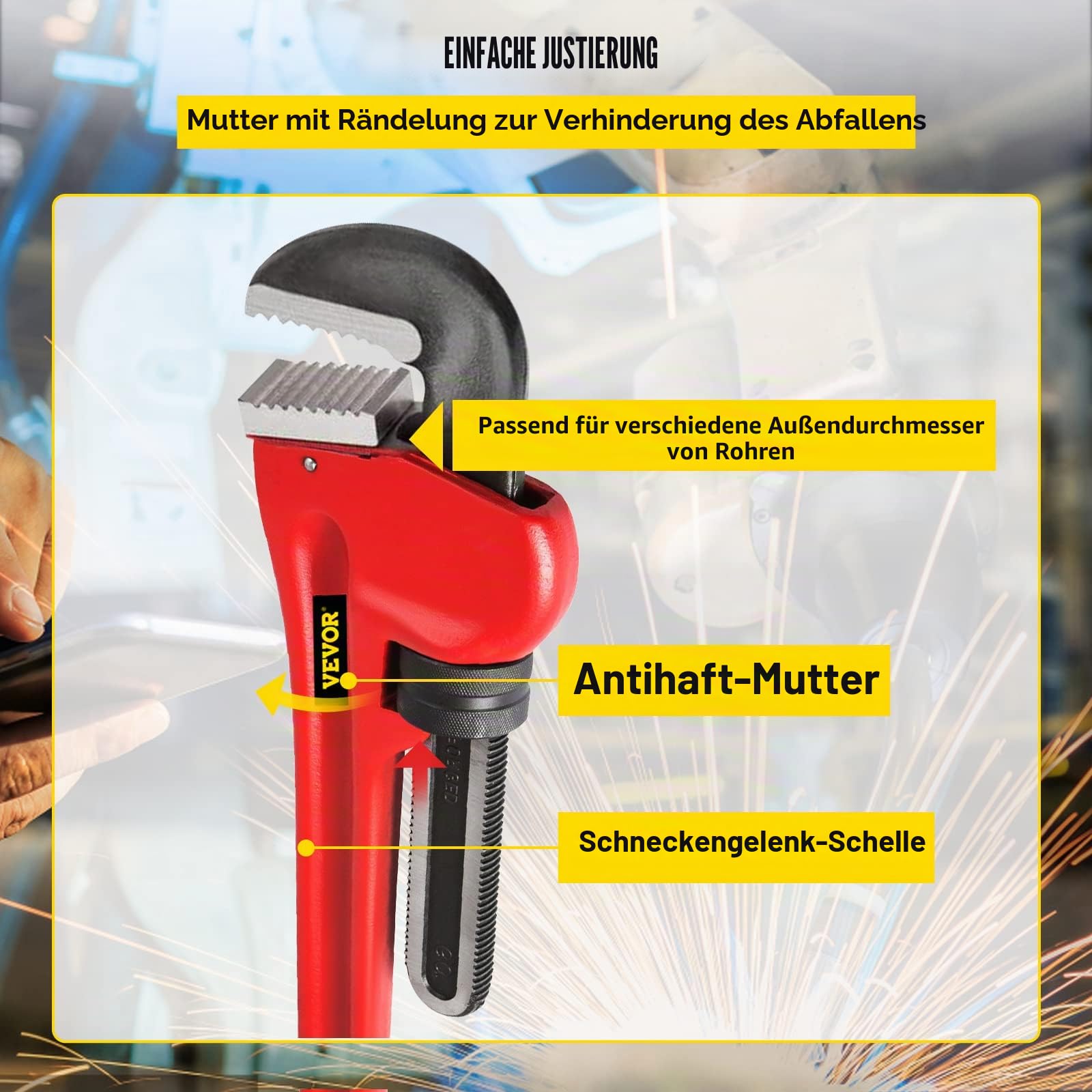 VEVOR Rohrzange Crimpzange Presszange 1295 mm, Stahl Rohrzange, Einstellbares Klempnerwerkzeug für Spüle, Wasserhahn, Toilettenschüssel, Bad, Küche, Abfluss, Reparatur, Installation