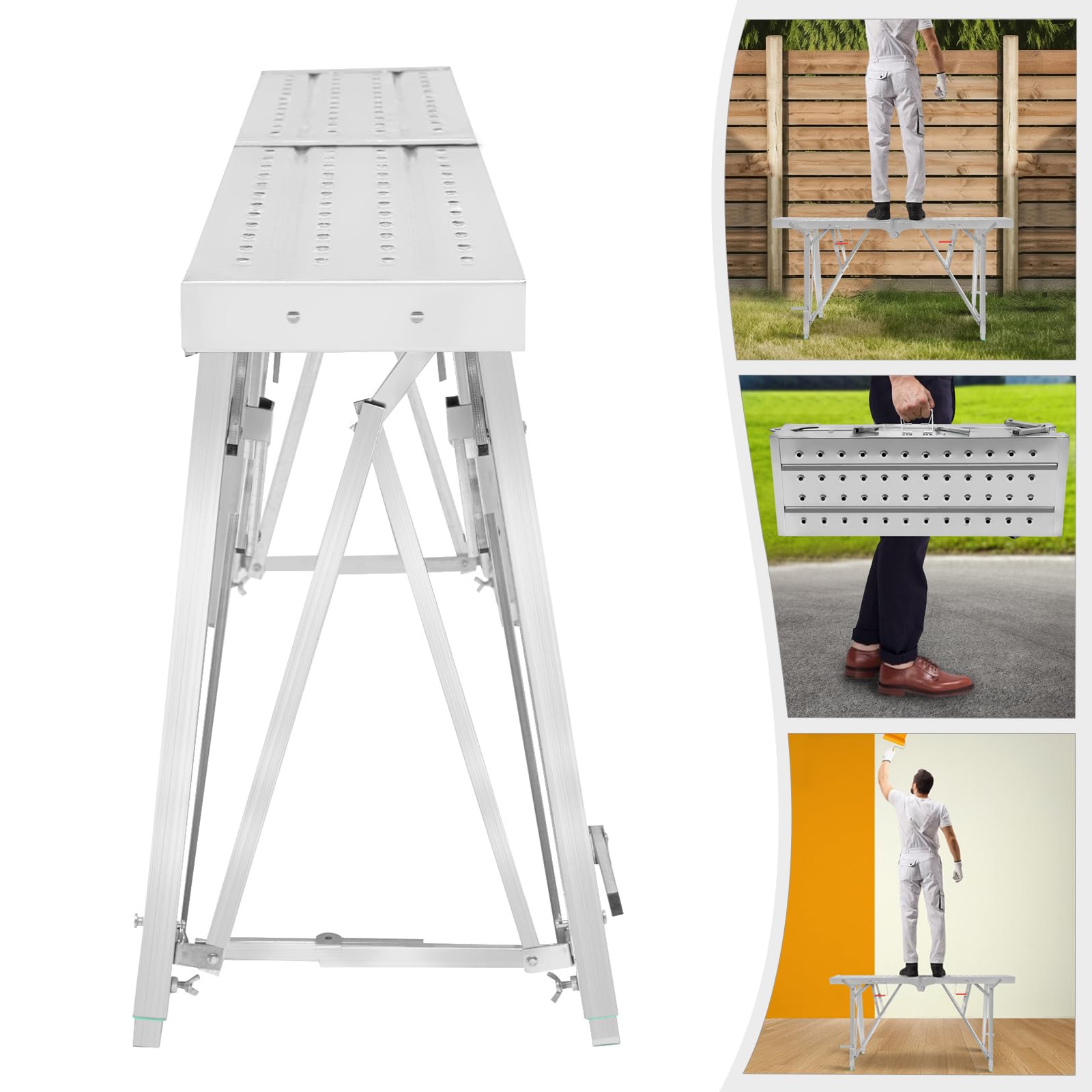Regulowana platforma robocza, drabina schodkowa, 62,99'' x 9,8'' Platforma rusztowania, przenośna składana stalowa drabina schodkowa o udźwigu 330 funtów, regulowana wysokość od 31,5 do 49,6 cala (6