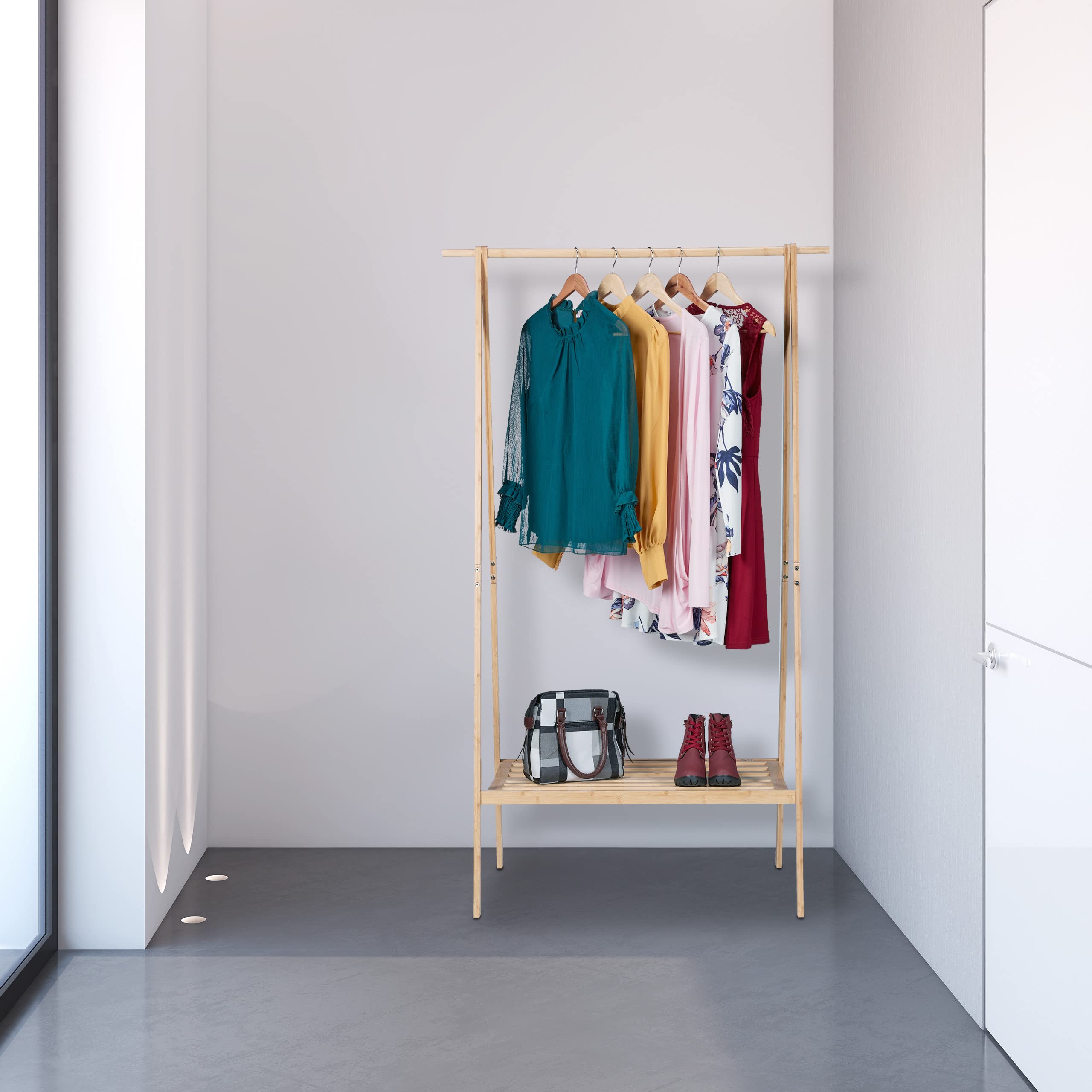 Burro Ropa Mini HOMCOM Perchero De Pie De Bambu00fa Con Estantes