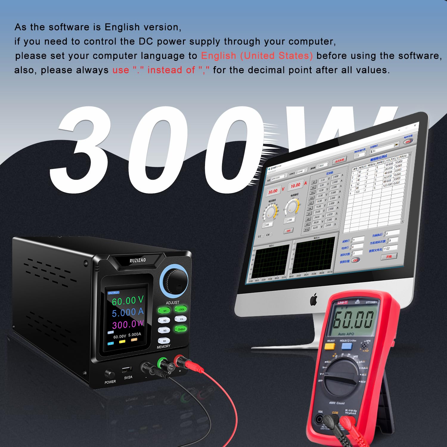 Alimentatore da Banco Programmabile 60V 5A, Alimentatore da Laboratorio con Memoria/OUTPUT/Encoder, Alimentatore Regolabile Variabile con Software, Pulsante di Blocco e Porta di Ricarica USB
