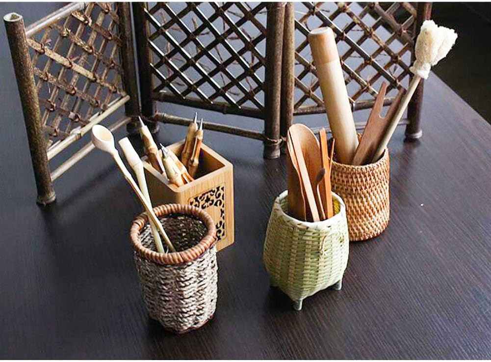 WJX&Likerr Rustic Bamboo Weaving Pen Pencil Holder, Handmade Office Desk Organizer Decoration Cosmetic-E 8x8x10cm(3x3x4inch)