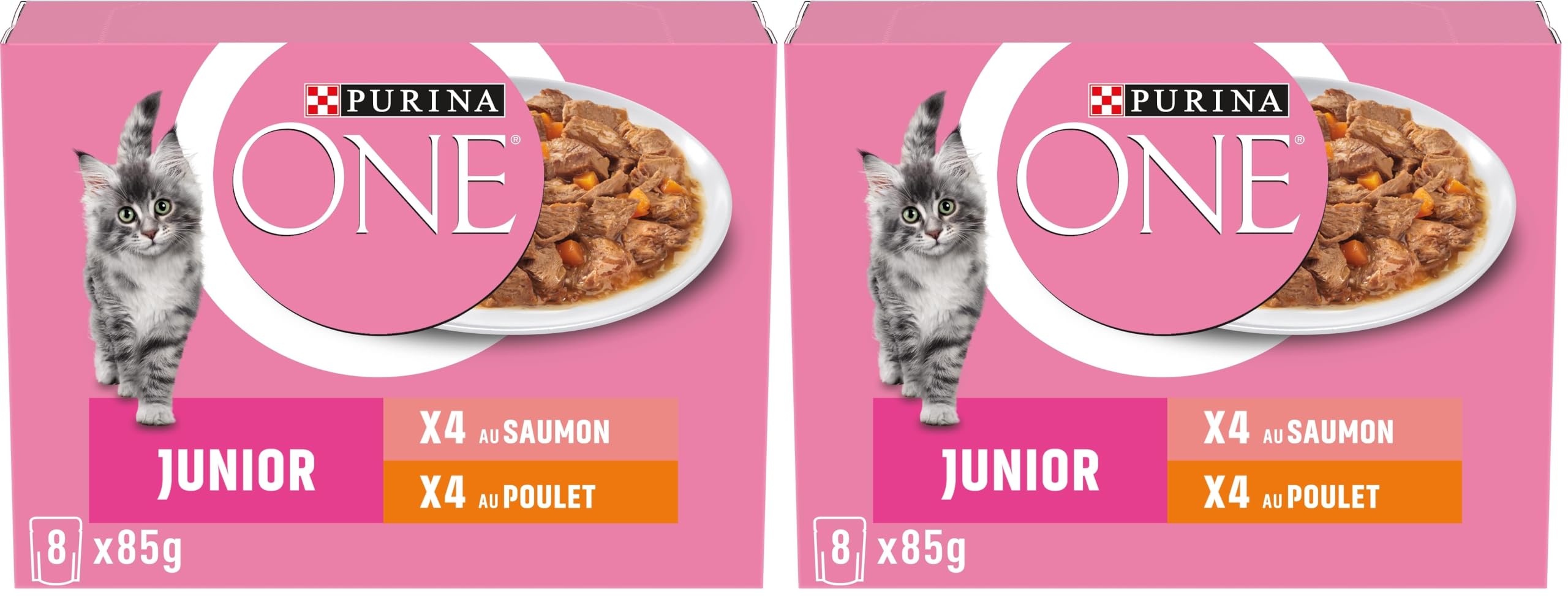 PURINA ONE Junior Chuletas en Salsa Sabores Surtidos Salmón y Pollo para Gatitos | Bolsas de Comida 8 x 85g (Paquete de 2)