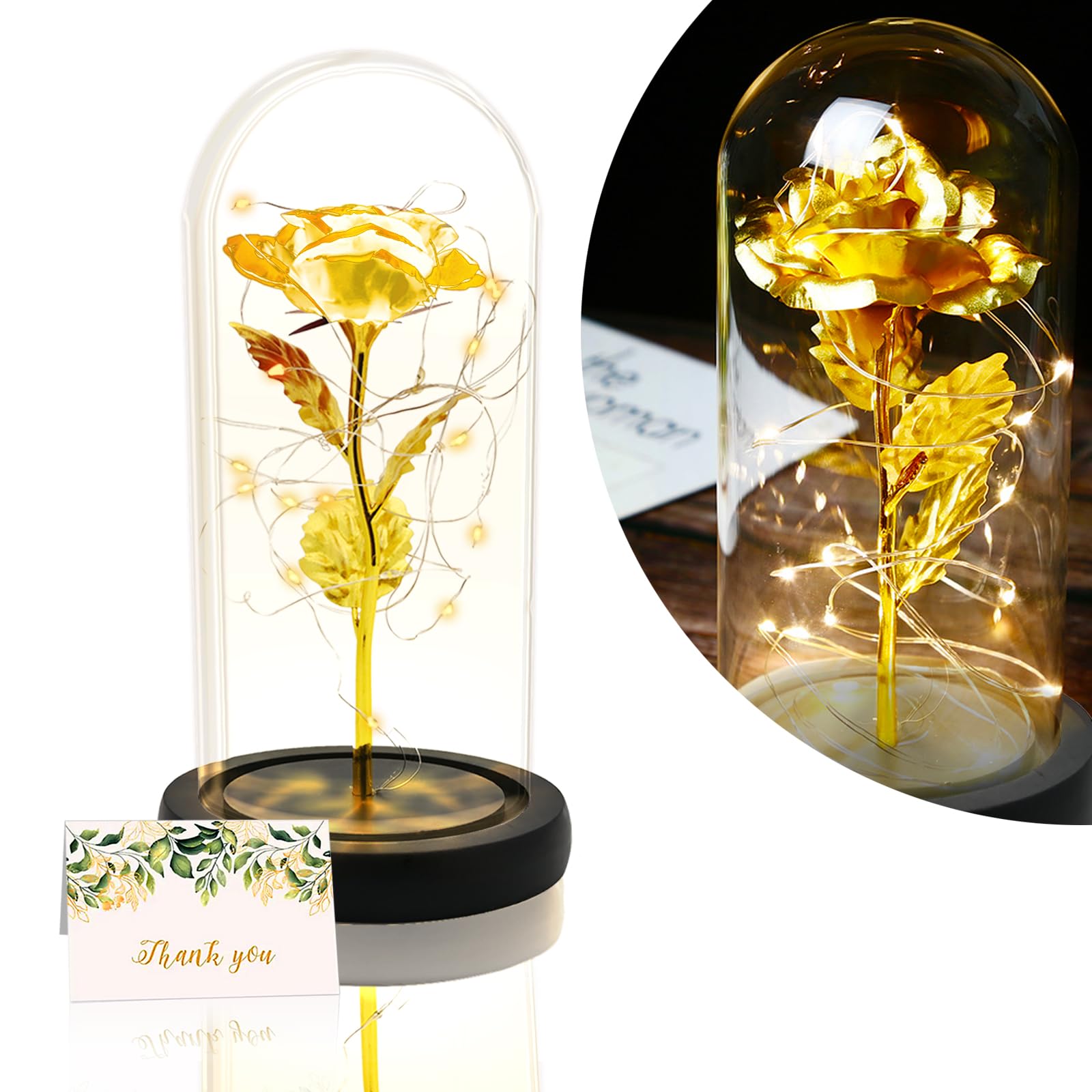 Golden Rose in Glass Dome Black Wooden Base, Light Up 24K Eternal Rose Batteries Included for Wedding Anniversary Mama Valentines Christmas Birthday