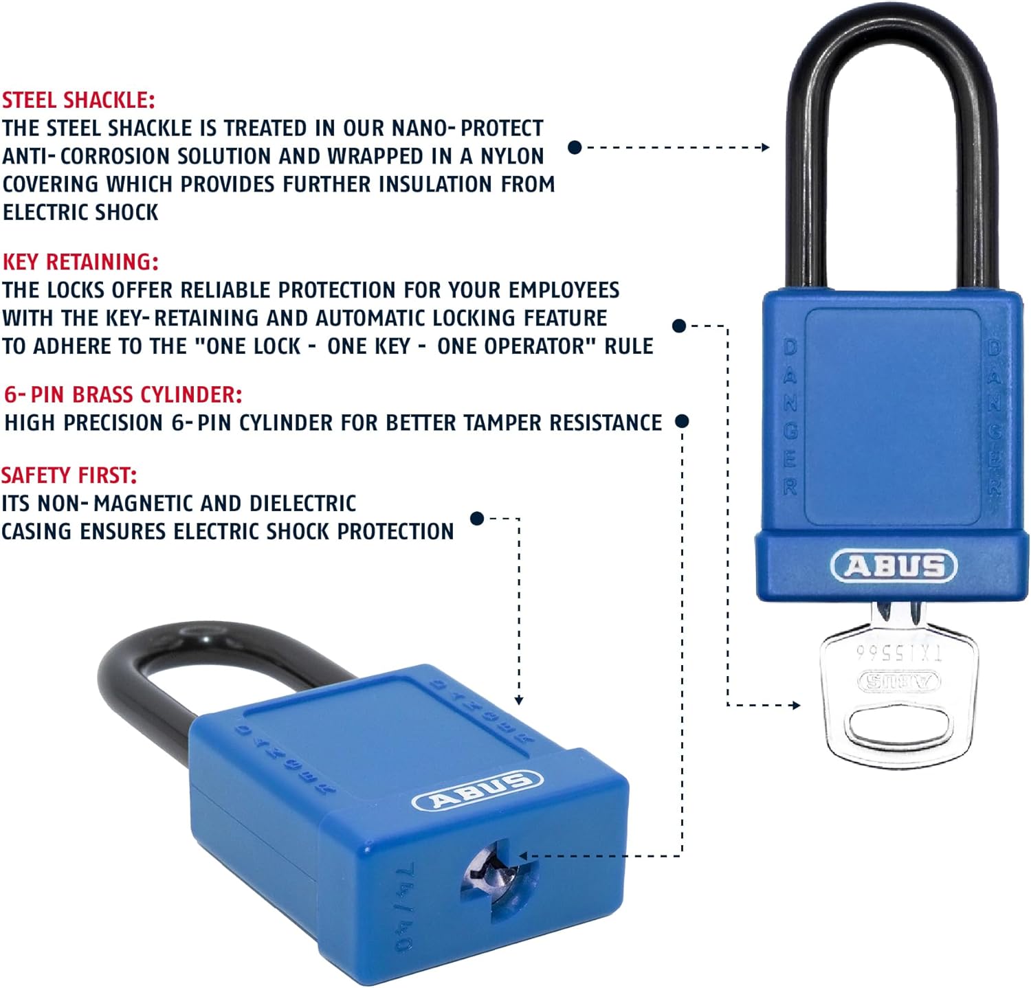 Diagram illustrating the internal features of the ABUS 74/40 padlock, including the steel shackle with anti-corrosion treatment, key retaining mechanism, 6-pin brass cylinder, and non-magnetic/dielectric casing.