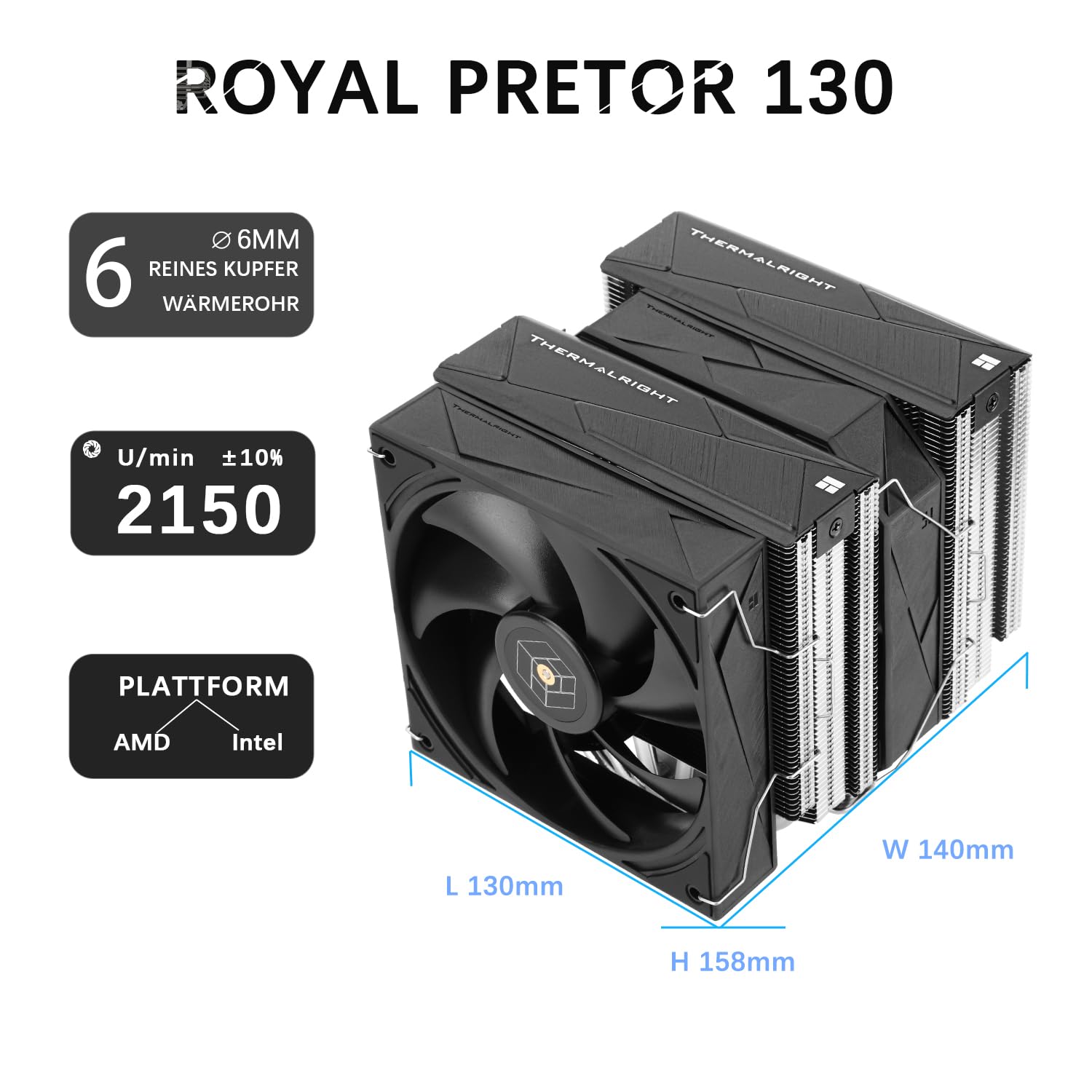 TR-Thermalright Royal Pretor 130, chłodzenie CPU, podwójna wieża z 6 rurkami cieplnymi, podwójne wentylatory PWM, matowa szczotkowana pokrywa, dla AM5/AM4, Intel LGA1851/1700/1150/1151/1200