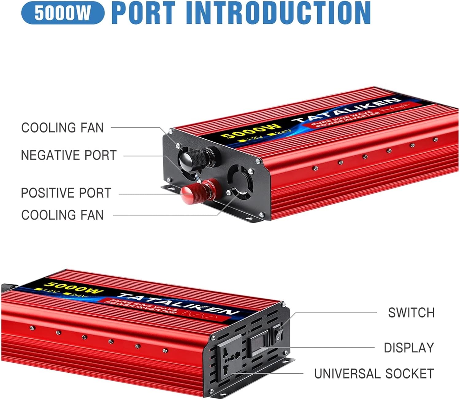 Inverter Pure Sine Wave DC12V/24V to AC 220V Voltage 7000W/8000W 50/60HZ Power Converter Solar Car Transformer with LED Display(2500W,24V60HZ_220V_Universal)