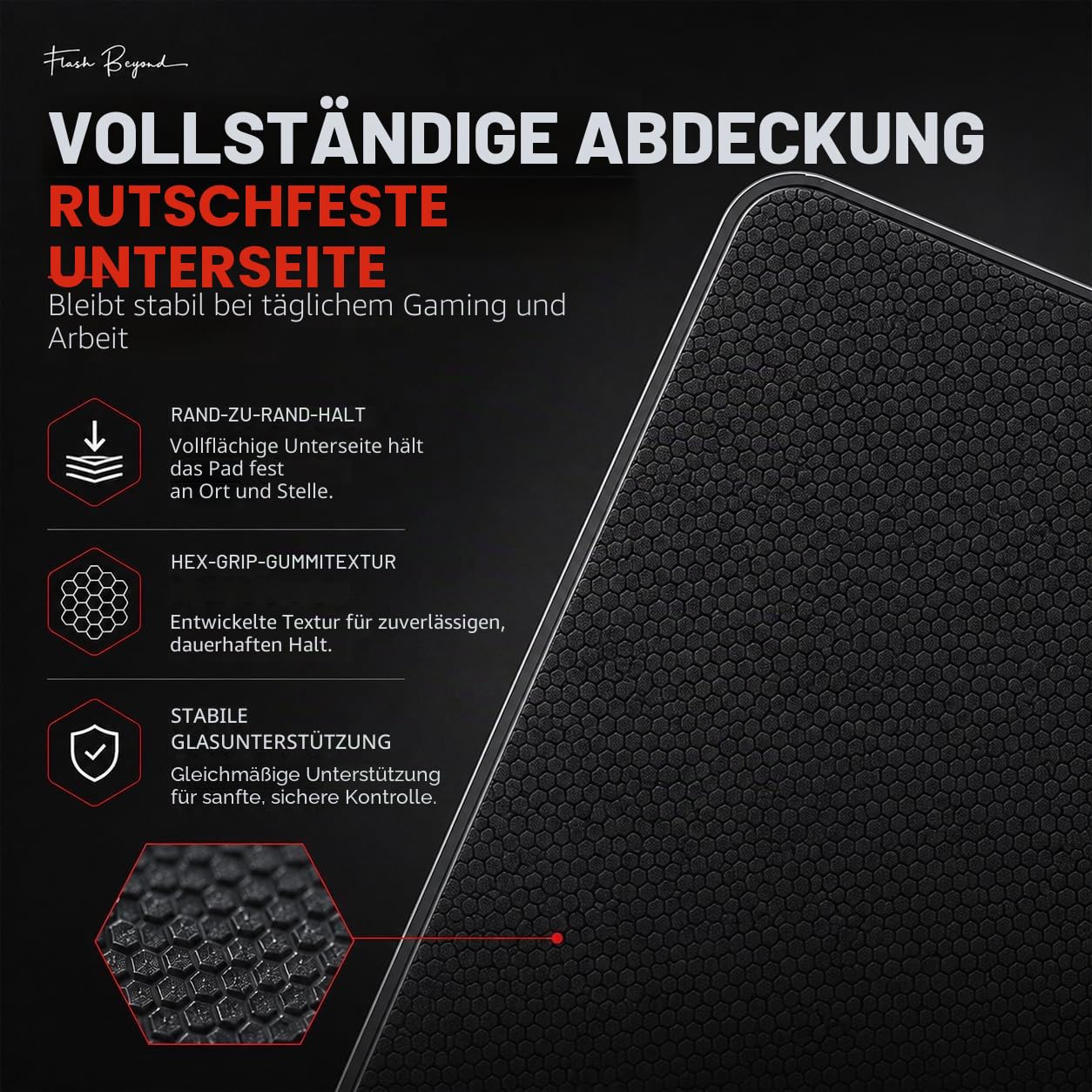 Flash Beyond Glass Gaming-Mauspad – Premium-Glas-Pad mit Rutschfester Gummiunterseite – Glatte, präzise Tracking, langlebige Oberfläche für High-Speed-Gaming, ideal für FPS-Spieler (Schwarz, Mitte 40