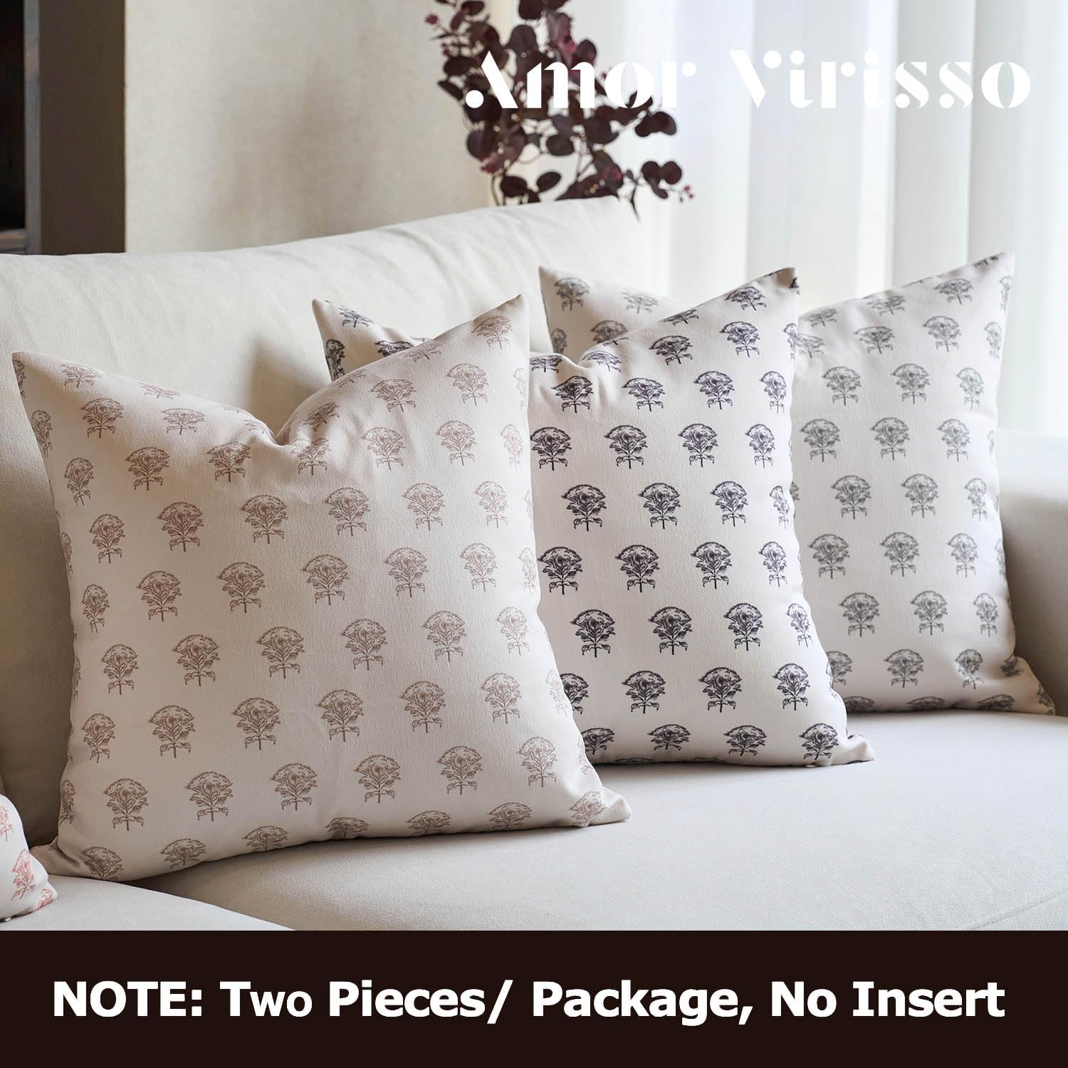 Amor Virisso Set of 2 Floral Throw Pillow Covers 18x18 Inch, Vintage Decorative Block Print Pillow Covers Neutral Accent Farmhouse Pillows Home Decor for Sofa Couch Bed, Black - Image 6