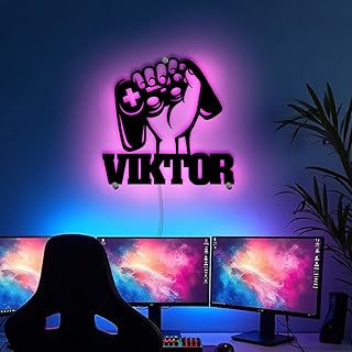 Namofactur® - Personalisiertes Gamer LED Schild HDF Schwarz | Gaming Lampe mit Wunschname für Jugendzimmer Jungen Mädchen | Deko Leuchtschild für Zockerzimmer, Schreibtisch & Wand | Gamer Geschenk