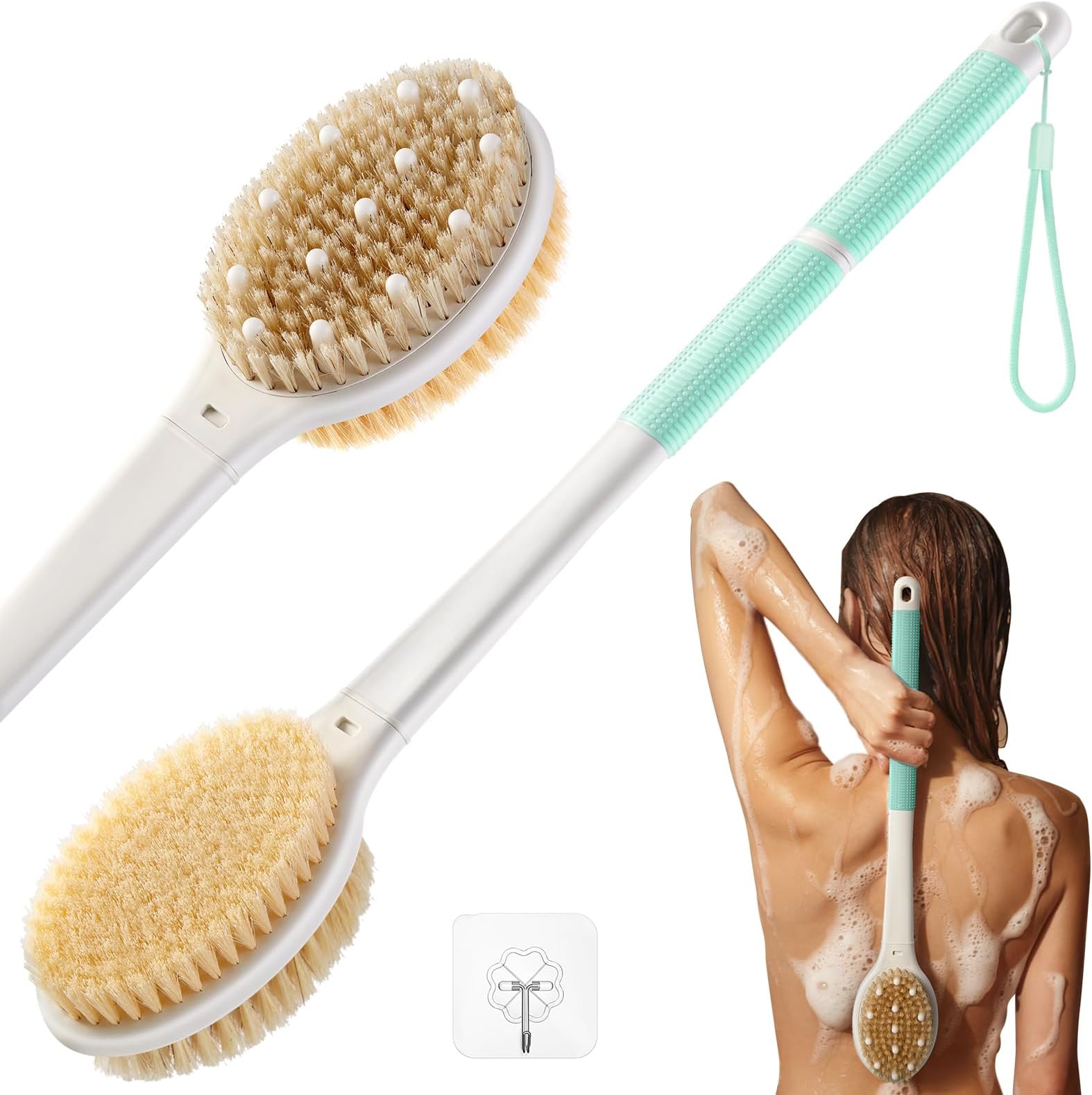 Shower Brush for Massage Dry Brushing: Back Scrubber for Shower with 18.1 in Anti Slip Long Handle - Bath Body Brush for Lymphatic Drainage Exfoliator Improving Skin Health for Women Men Elderly Green