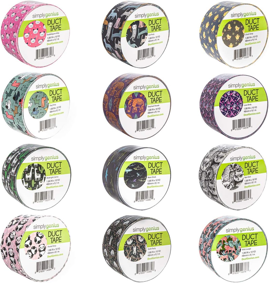 Simply Genius (12 Pack) Patterned and Colored Duct Tape Variety Pack Tape Rolls Craft Supplies for Kids Adults Patterned Duct Tape Colors, 10 Yards, 120 Yards Total, Animal Patterns