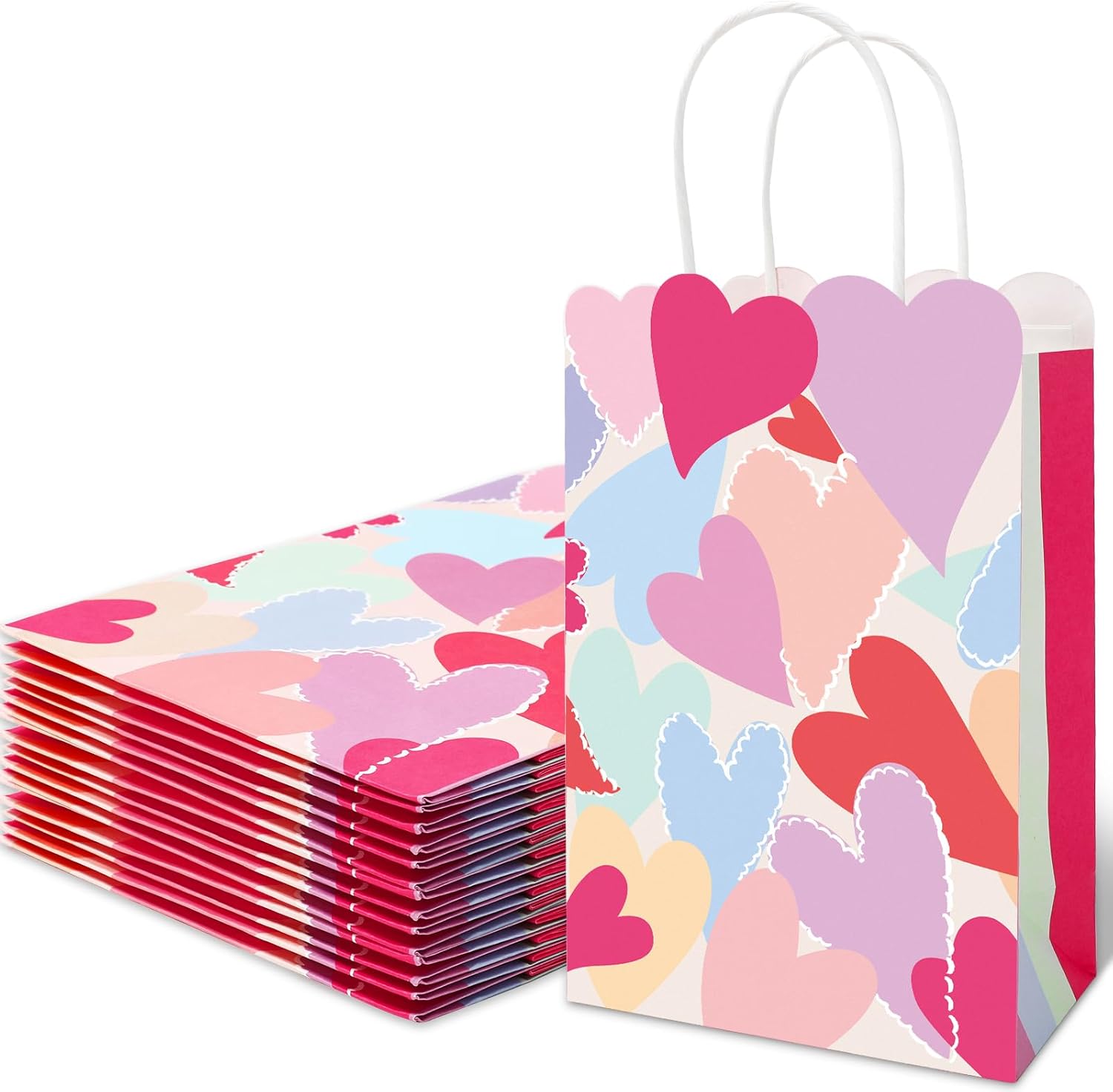 JarThenaAMCS Valentine's Day Paper Bags Scalloped Gift Bag with Handle Colorful Hearts Candy Goodie Treat Bags for Wedding Birthday Baby Shower Party Favor Supplies, 16Pcs