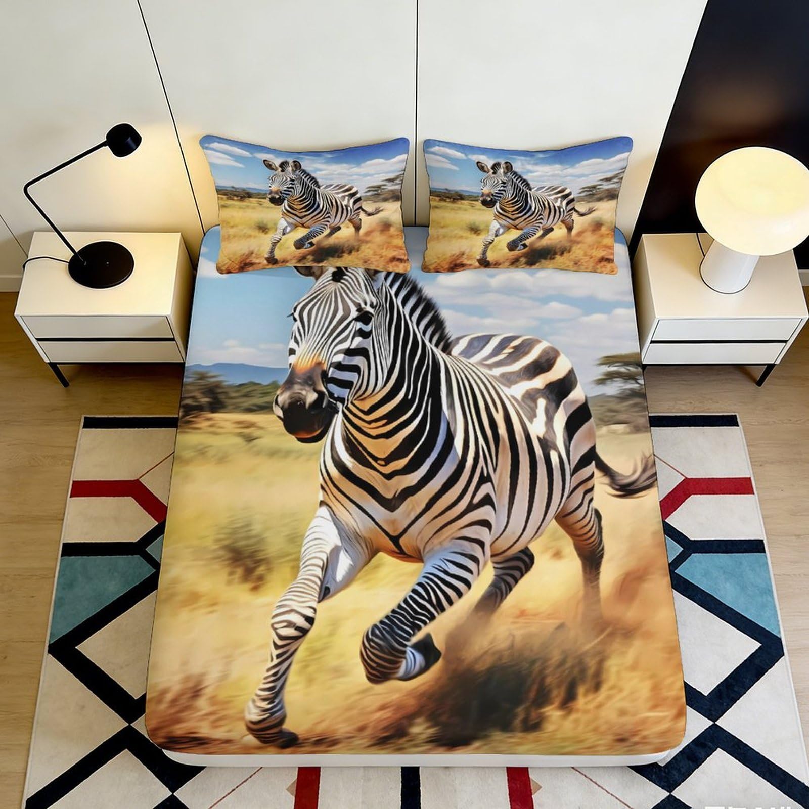3D Printed Running Zebra Fitted Sheet Microfiber Soft Bed Cover for Bedroom Decor Dustproof Easy Care 90x200x25cm
