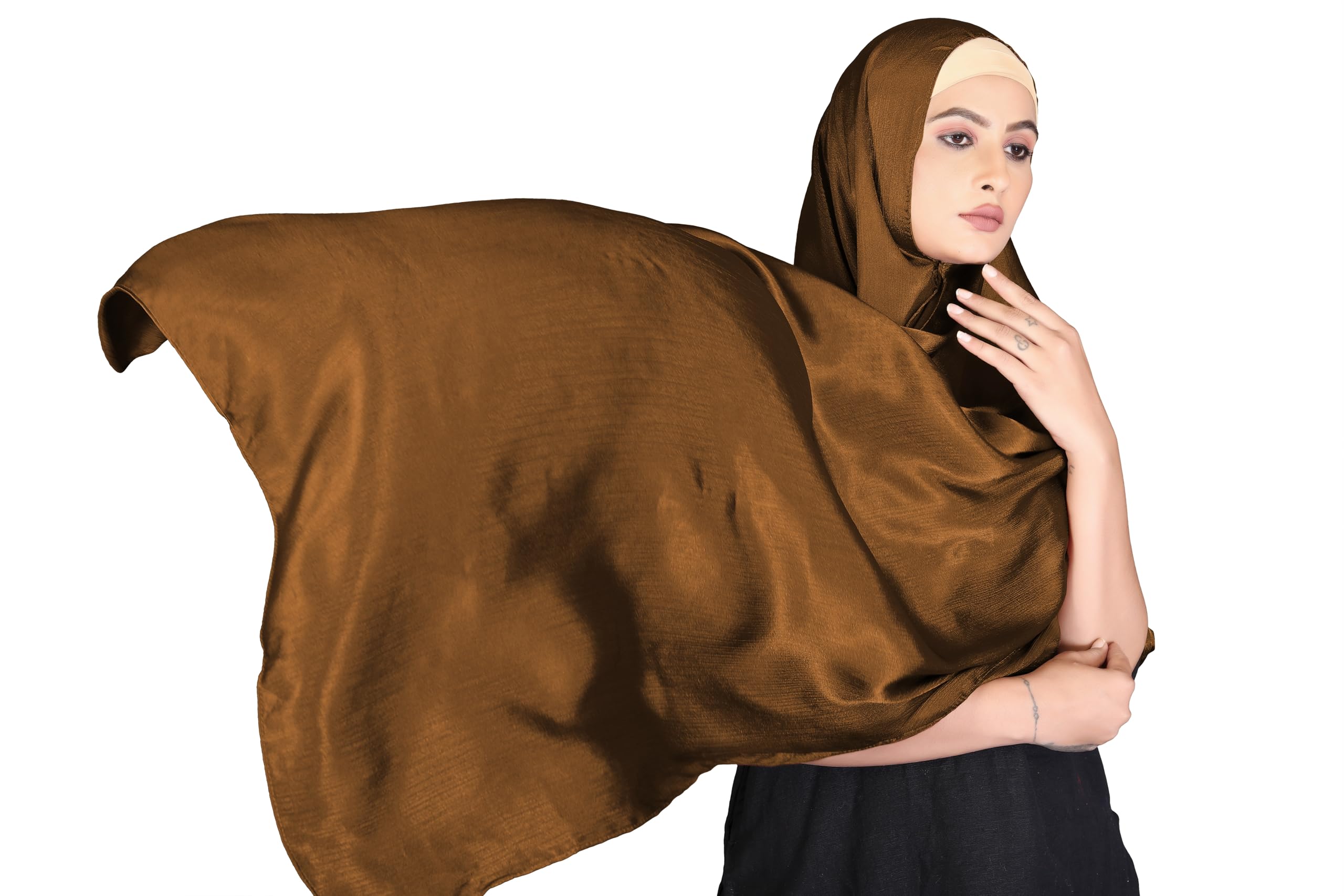 London Scarfs Satin Silk Shawls Muslim Solid Color Hijab Crinkled Scarf Women's Wraps Turban (Copper)