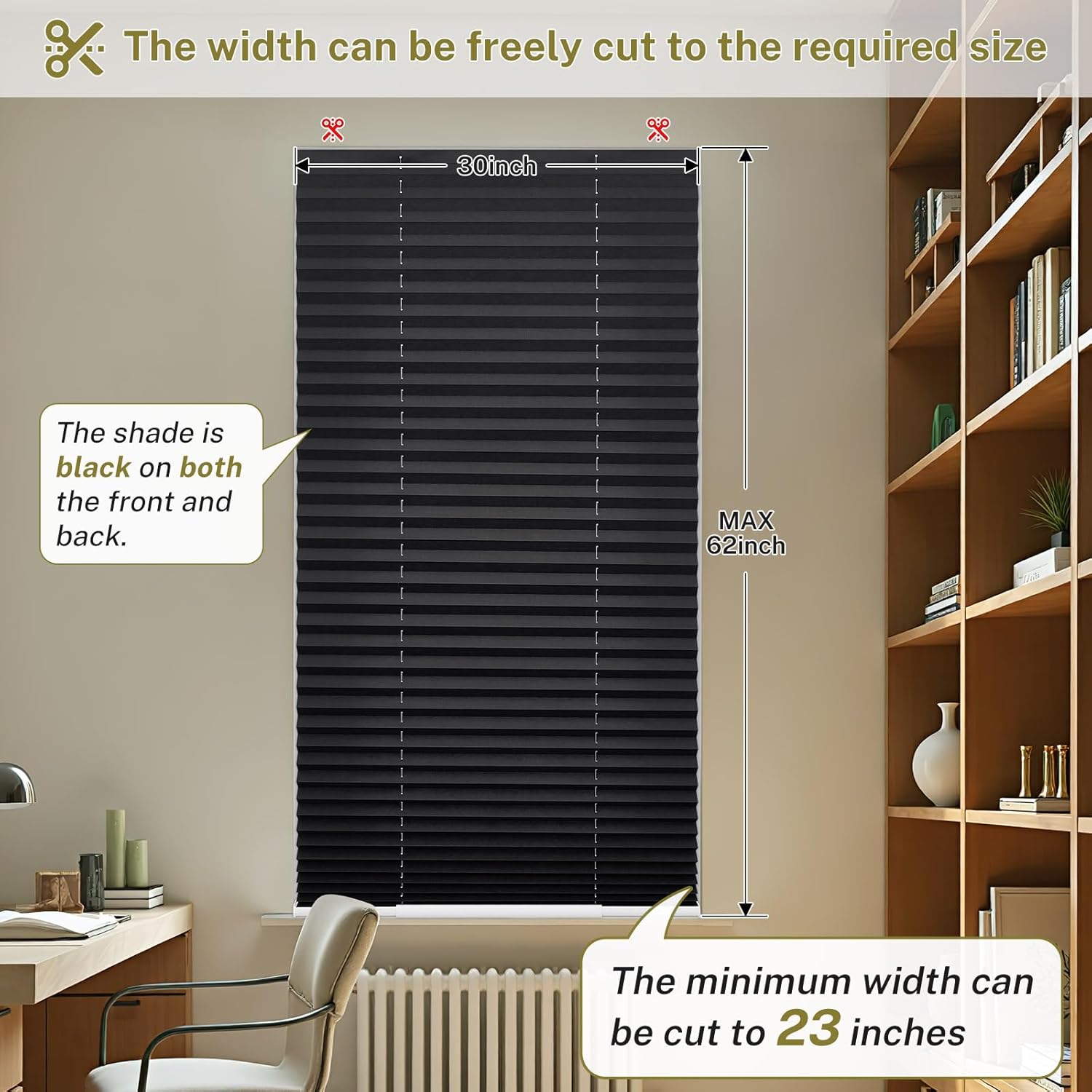 Cordless Pleated Window Shades No Drill Cut to Size Pleated Blinds Easy to Install Window Blinds for Windows Doors (Blackout Black, 30" W x 62" H, 2Packs)