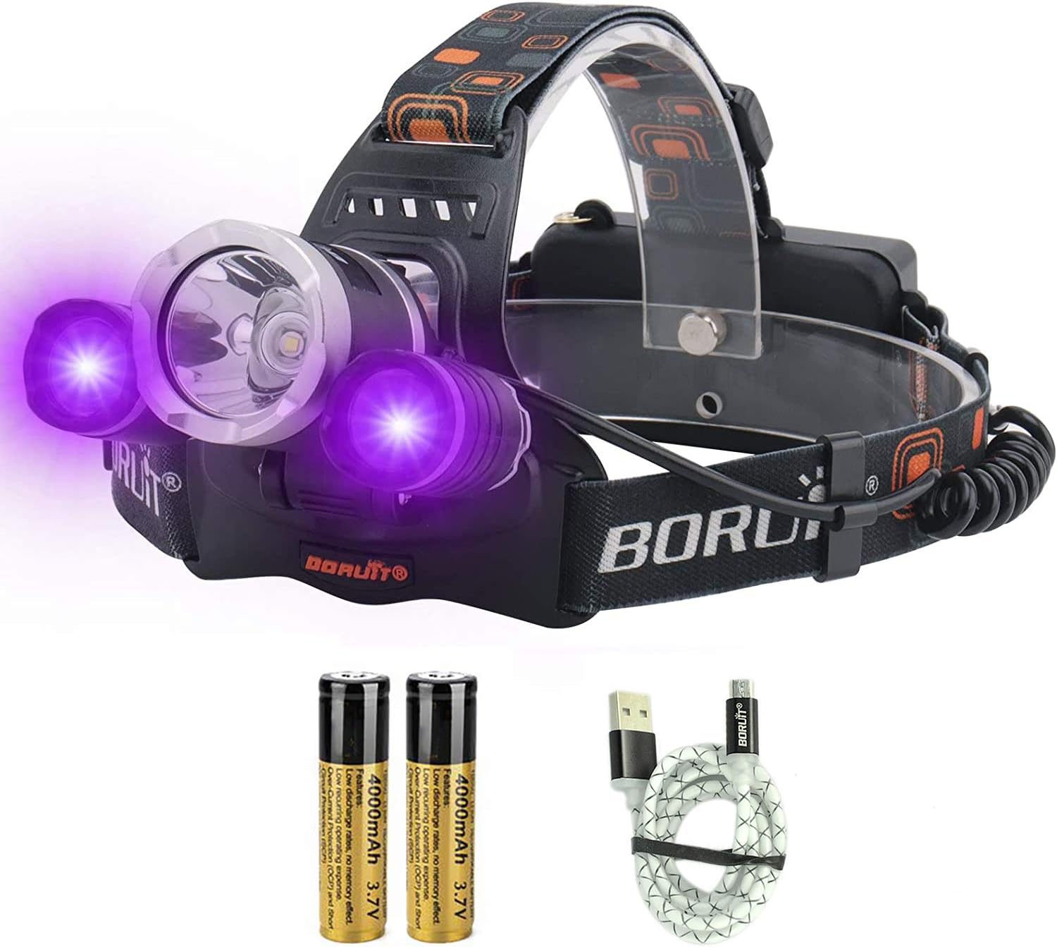 BORUIT LED Light Headlamp 5000 Lumens Rechargeable Blacklight Headlight for Night Fishing Scorpions Hunting
