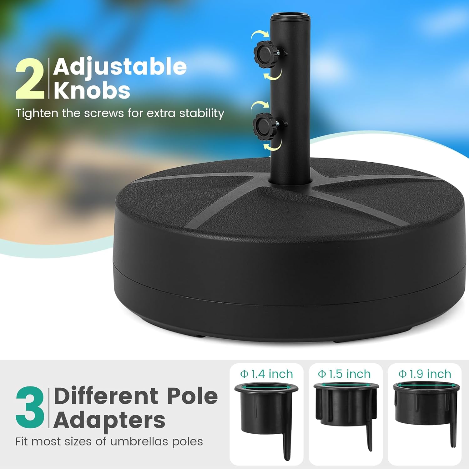 HAPPYGRILL Outdoor Umbrella Base 20", Patio Umbrella Weighted Base with 3 Adapters, 2 Adjustable Knobs, Refillable Reservoir for Water & Sand, Market Umbrella Stand for Poolside, Garden