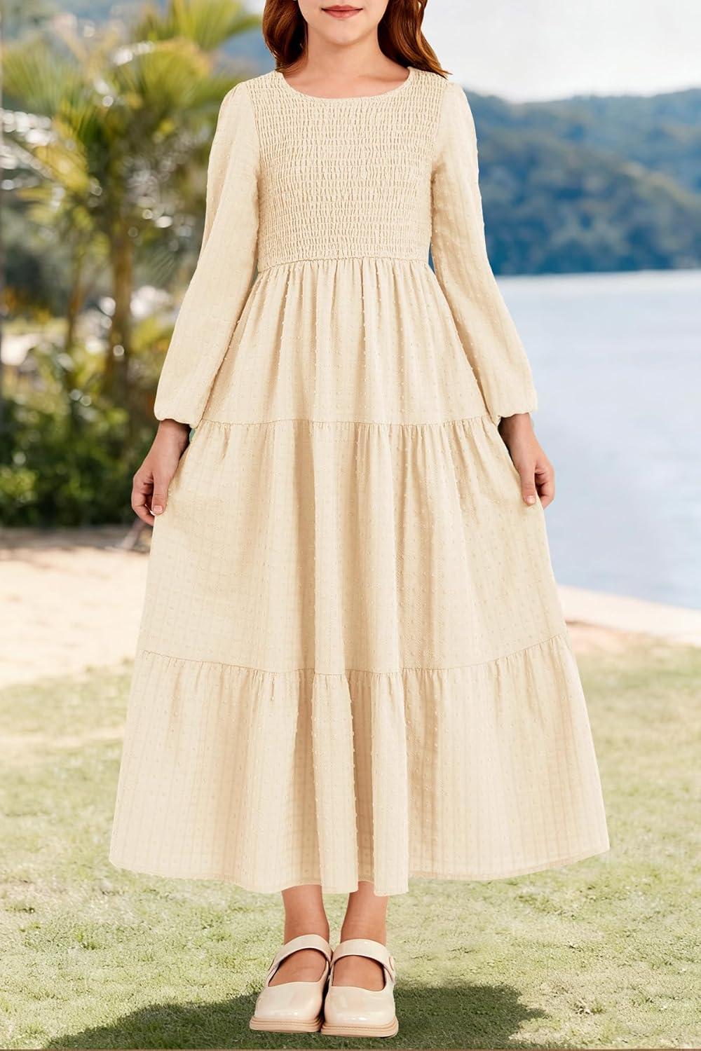 HOSIKA Tween Girls Fall Puff Long Sleeve Smocked Swiss Dot Tiered A-line Flowy Maxi Dress with Pockets 6-12 Years