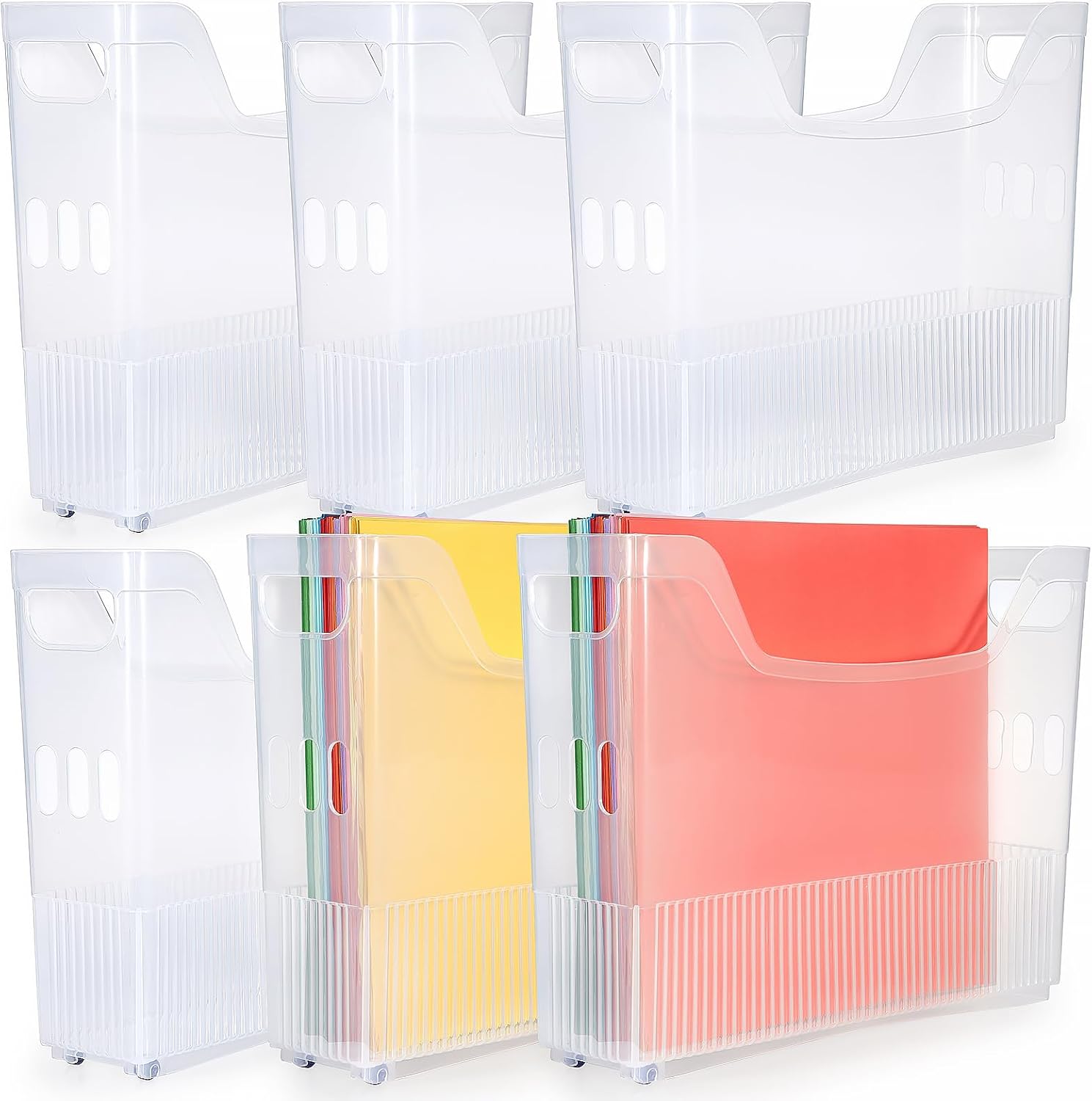 BTSKY 6 Pack Scrapbook Paper Storage Box with Wheels, Plastic Storage Organizer for 12" x 12" Scrapbook Papers, Portable File Organizer with Built-in Handle, Functional Magazine Holder Paper Rack