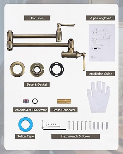 Miniatura 6 de ARCORA - Grifo de llenado de ollas de bronce antiguo, grifo plegable de cocina moderno, 2 manijas con brazos oscilantes de doble articulación, grifo