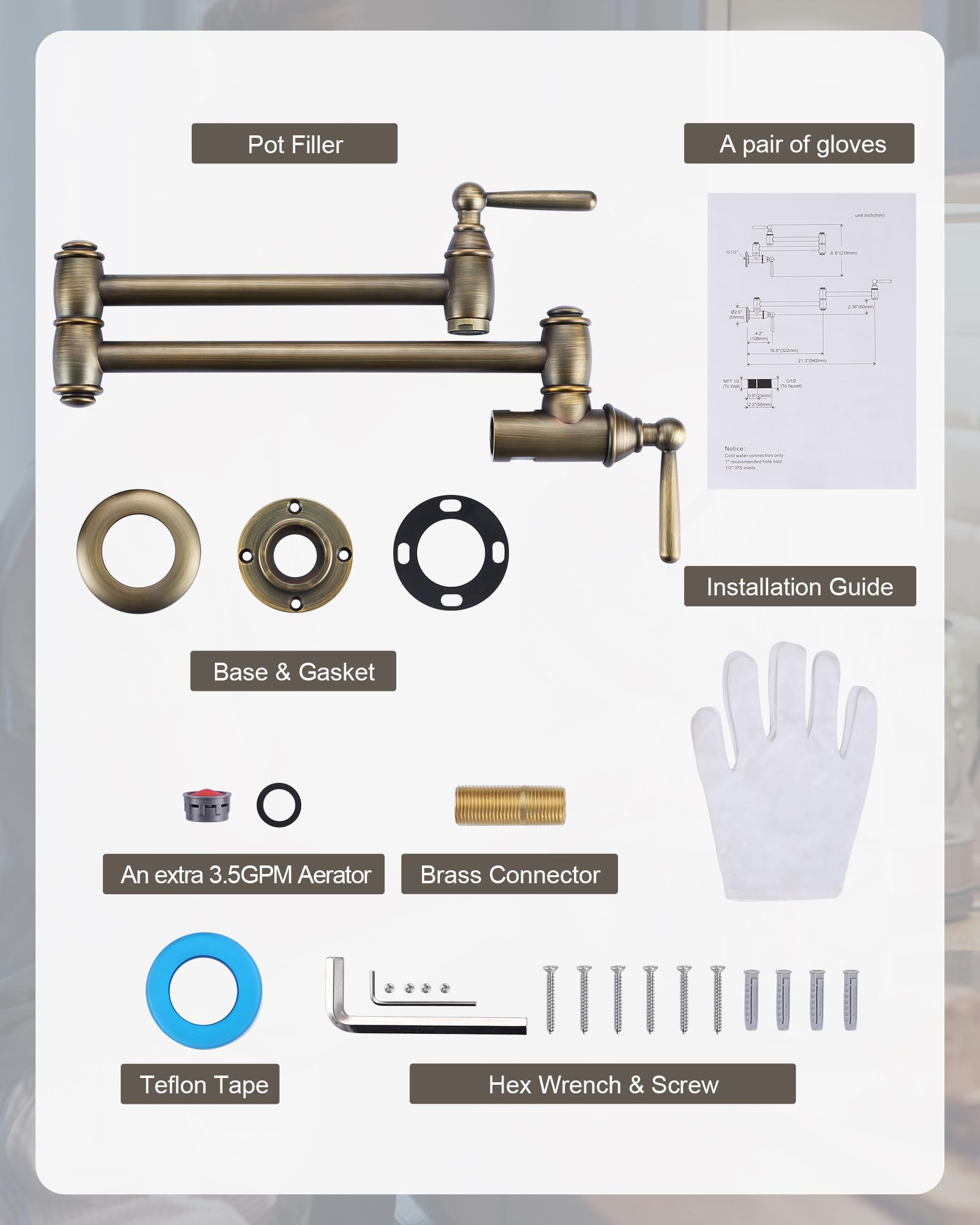 Grifo de llenado de ollas de bronce antiguo, ARCORA Modern Pot Filler Wall Mount Kitchen Folding Faucet 2 Handle with Double Joint Swing Arms Brass Stove Faucet
