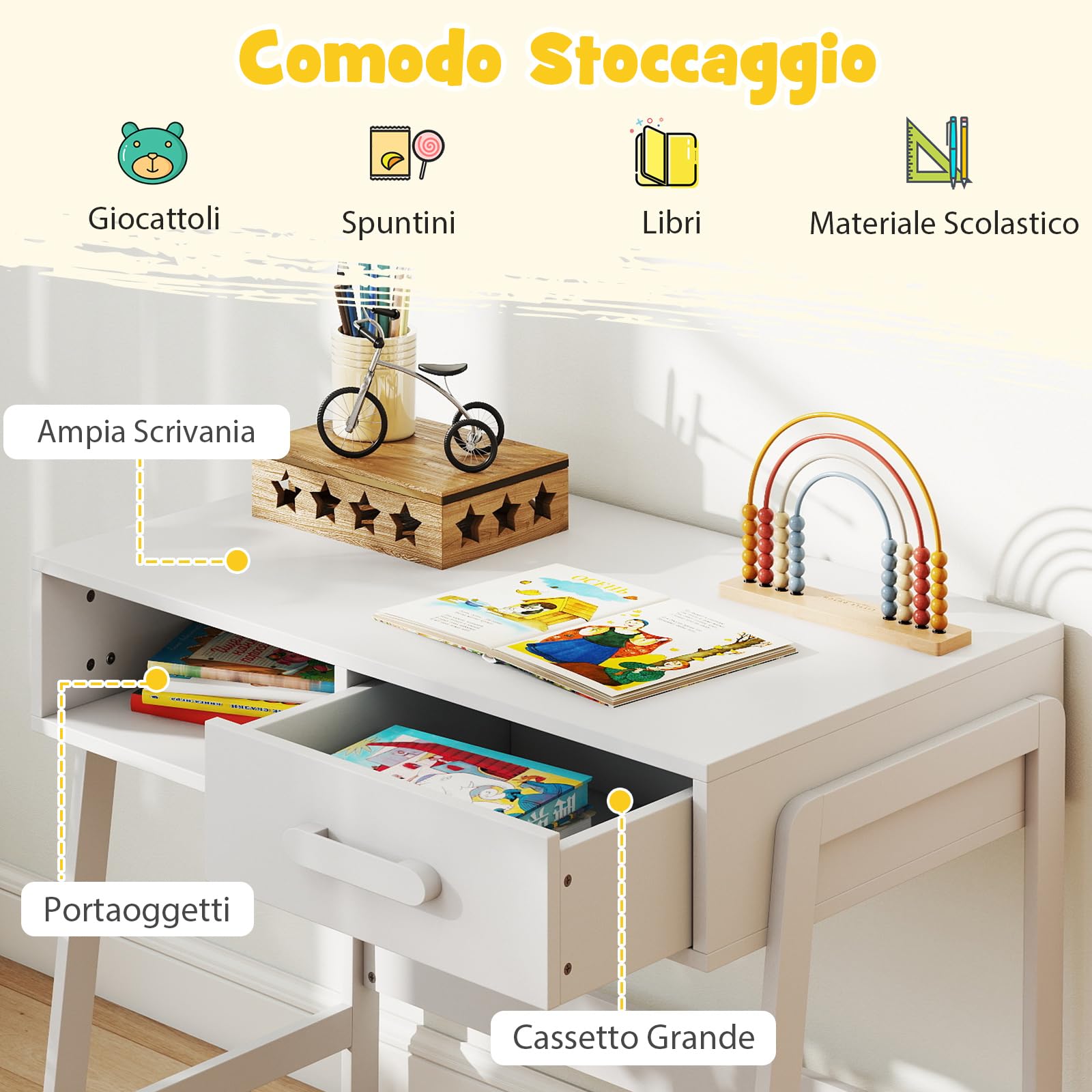COSTWAY Set Tavolo e Sedia Bambini 3+ Anni, Scrivania e Sedia Legno Sicuro con Cassetto, Scrivania Ergonomica per Studio e Disegno (Bianco)