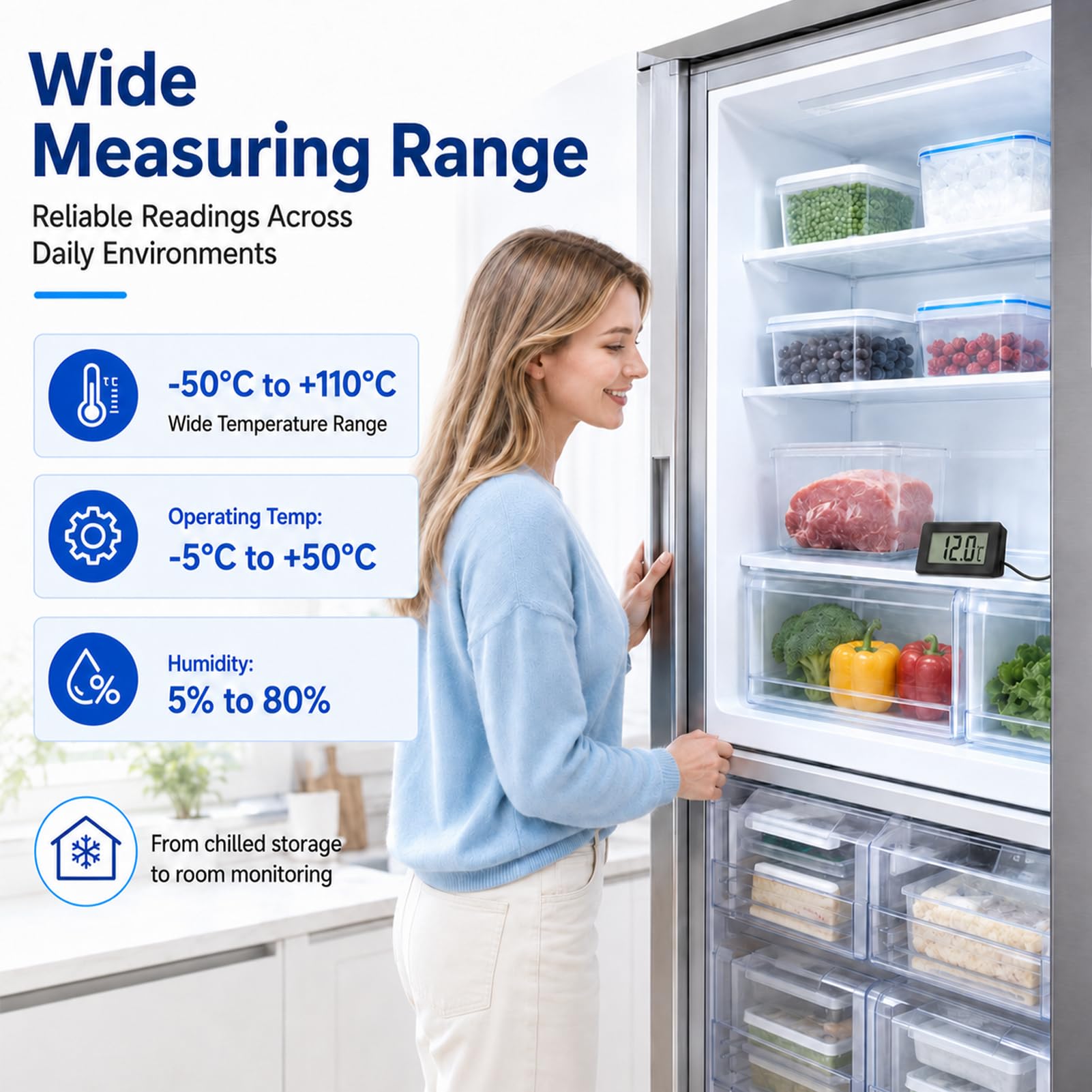 3 Stück Digitales LCD Thermometer, Thermometer mit Externem Sensor 1m Kabel, Temperaturmessgerät -50°C bis 110°C für Kühlschrank Aquarium, Präziser Temperatursensor mit LCD Anzeige für Haushalt