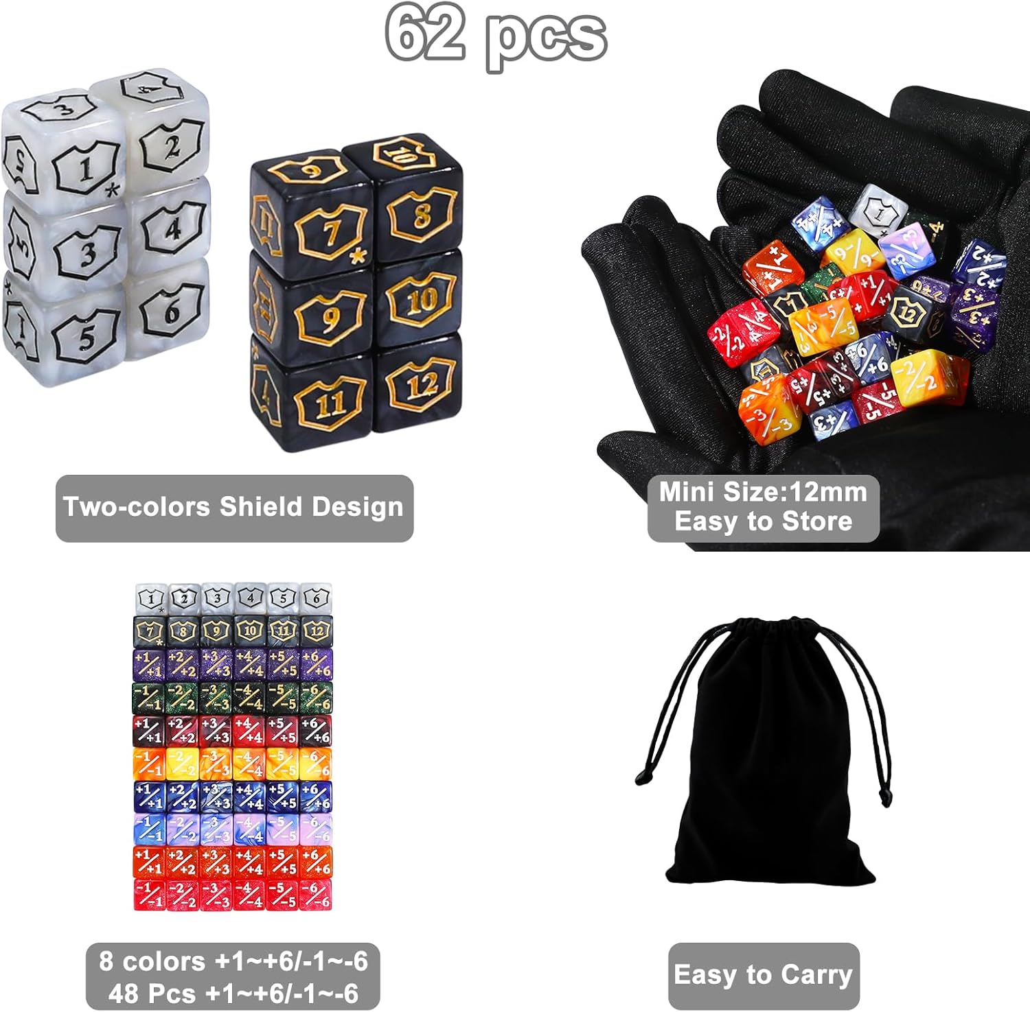 SIXPOINTS 12mm MTG Dice Set with Plus 1/+1 Life Counter Spindown Dice in 8 Colors, Shield Ability Tokens & D20 Compatible with Magic The Gathering, TCG, Card Games Accessories (Color B-62pcs Dices)