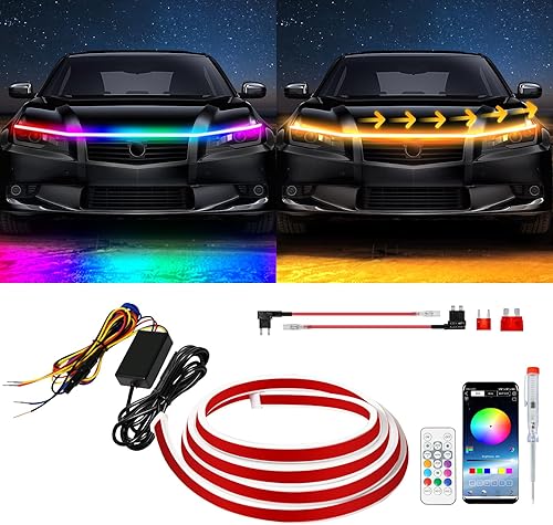 Vista 25 de Tira de luz LED para capó exterior de automóvil, kit de iluminación dinámica de doble color, luces LED de circulación diurna blanca y ámbar