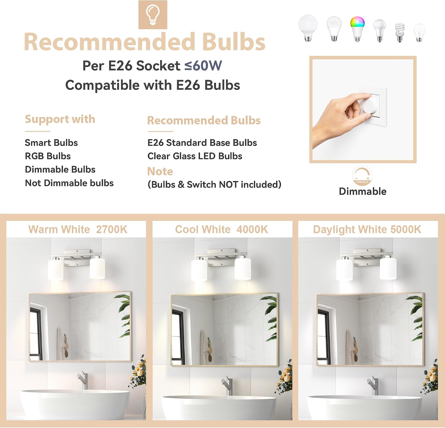 Honesorn Bathroom Vanity Light, 2 Light, Brushed Nickel, Frosted Shades image 5