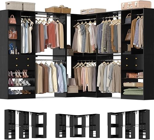 Sistema de armario (juego de 3) con 4 cajones, 8 batas colgantes, sistema organizador de armario de 91.5 pulgadas151 pulgadas con torre de esquina,