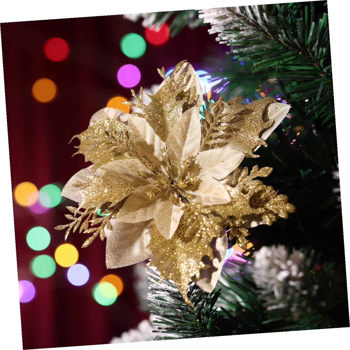 Toddmomy Christmas Glitter Poinsettia Flowers 12Pcs Gold Poinsettia Flowers Artificial Glitter Artificial Christmas for Xmas Tree Ornaments Wedding Party Wreath Decor