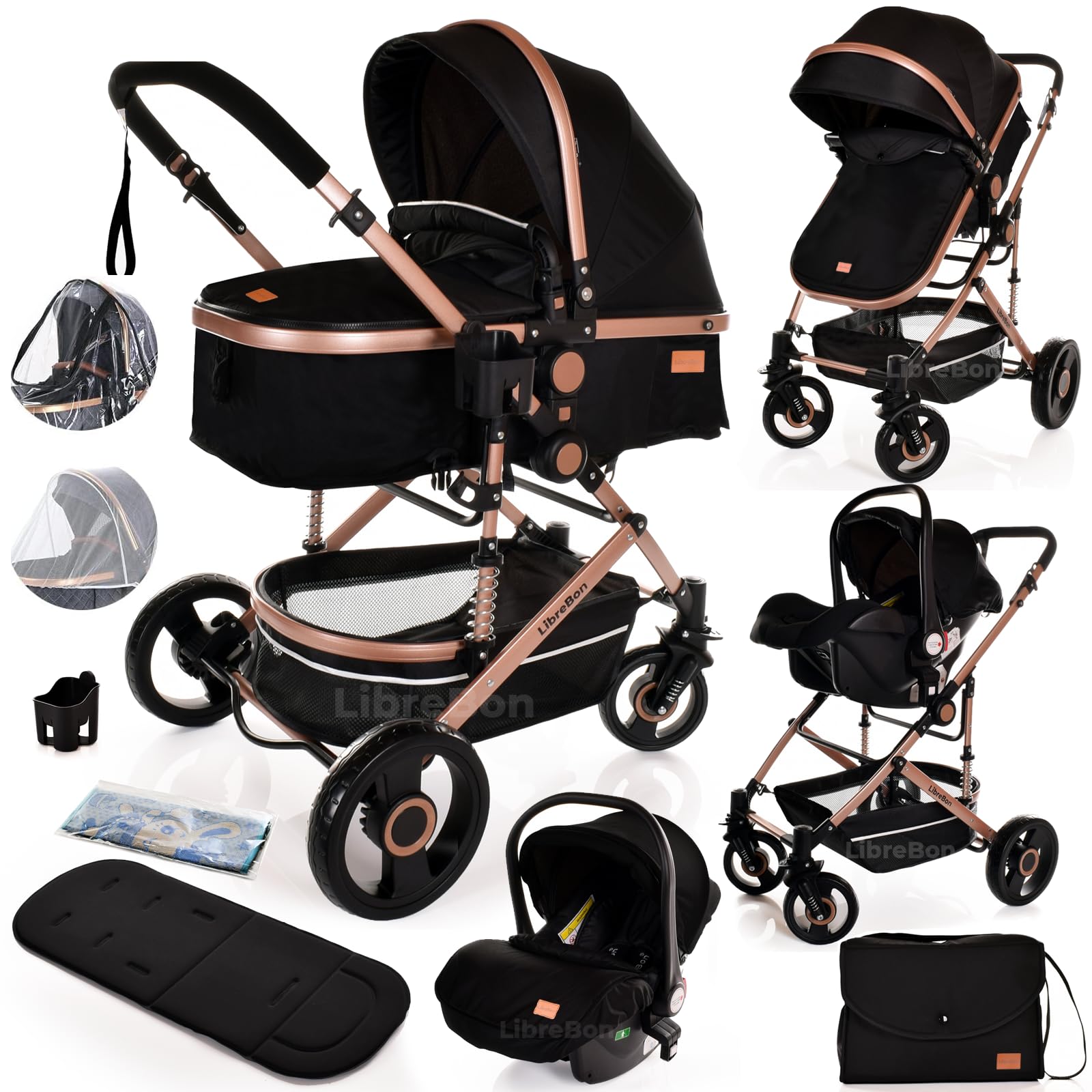 Baby Buggy Pram Pushchair 3 in 1 with Car Seat Child Lightweight Folding Stroller One Size Fits All 3 in 1 Travel System Pram for Newborns & Toddlers 0-36 Months from Birth (Black - Rose Gold Frame)