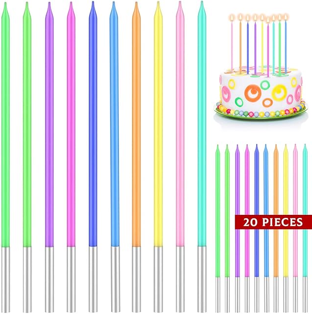 20 Pieces Birthday Cake Candles,Rainbow Happy Birthday Candles for Cakes(Blue/Pink/Green/Yellow), Colorful Tall Birthday Cake Candles Long Thin Cupcake Candles for Wedding Baby Shower Party Decoration