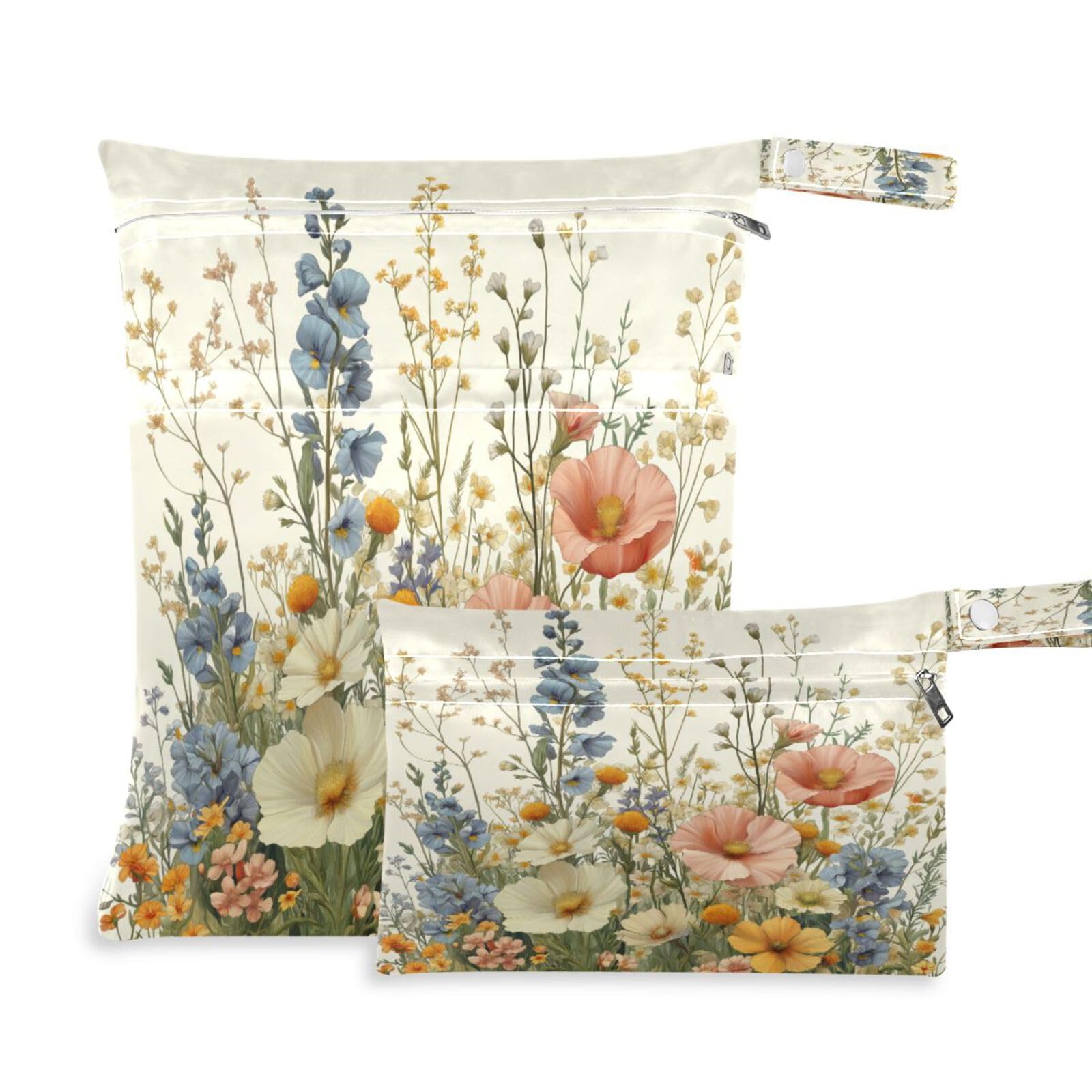 ATTX Herbal Wildflowers Wet Dry Bags 2-Pack - Reusable Cloth Diaper Storage for Travel, Beach & Gym | Multi-Use Waterproof Bags for Swimsuits, Baby Clothes, Sports Gear#166