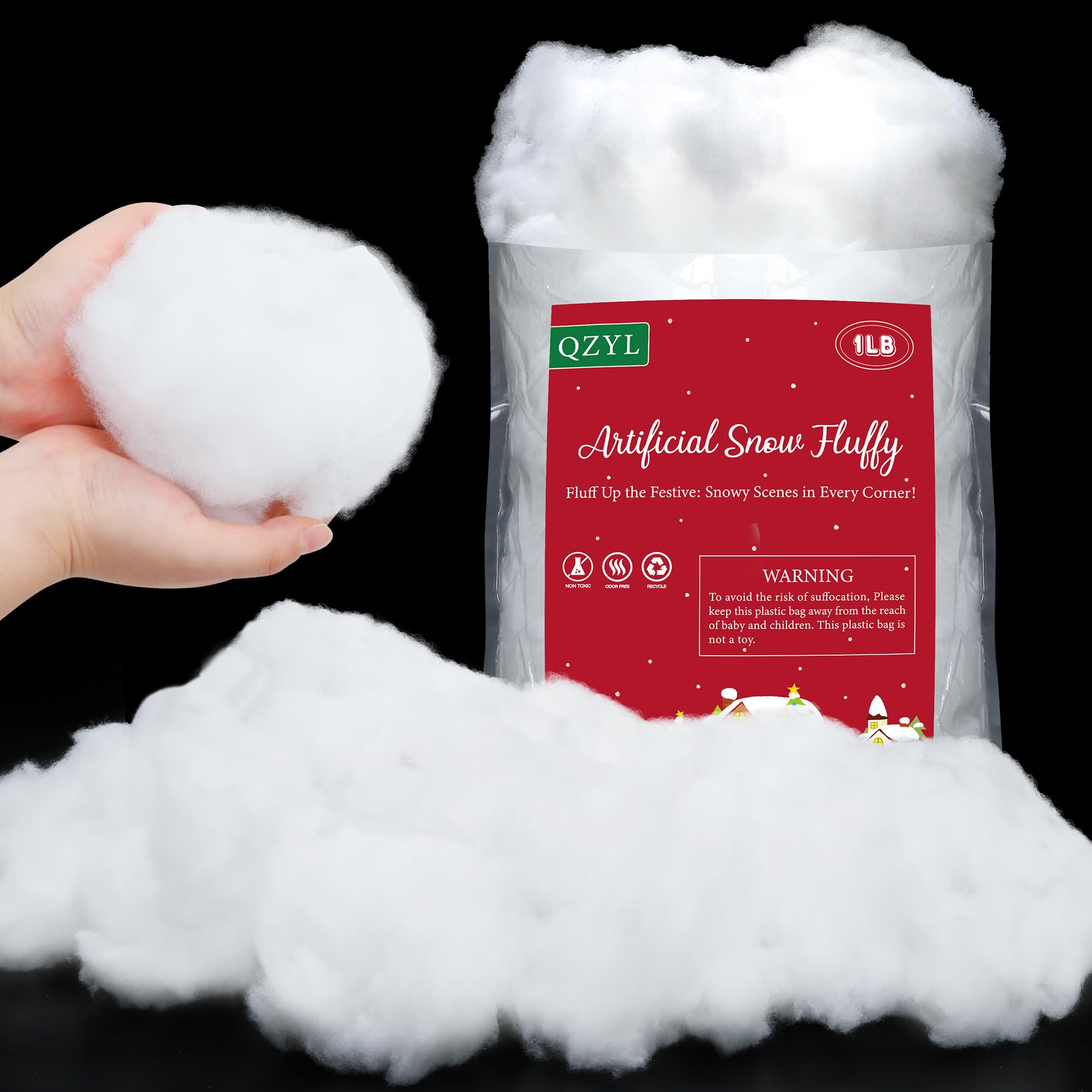 QZYL 1LB Fluffy Fake Snow, Cotton White Christmas Decorations, Vacuum-Packed Christmas Village Snow, Cotton Stuffing for Crafts Indoor Fake Snow for Christmas Tree Table Covering Home Winter Party