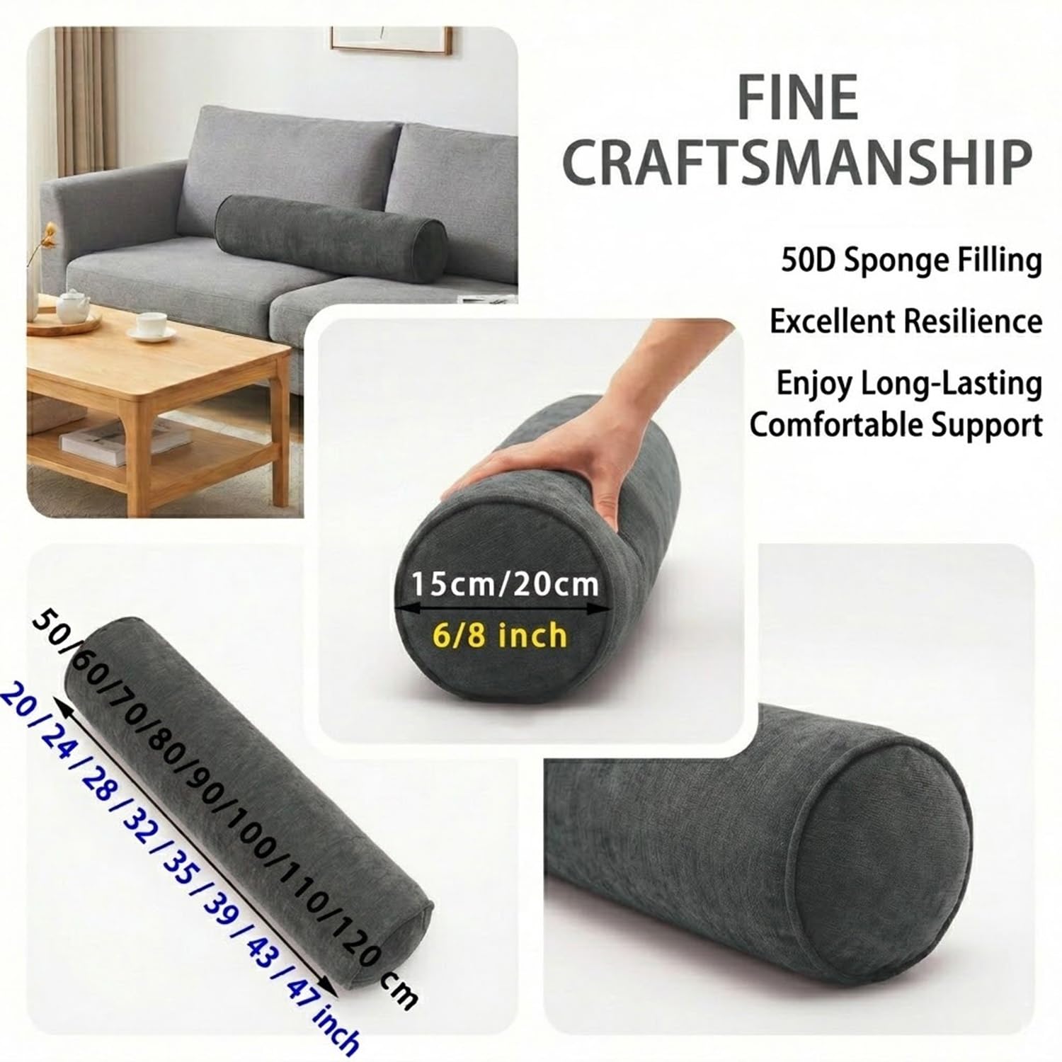 Generico Cuscino Cilindrico a Rullo 40cm 50cm 60cm 70cm 80cm 90cm, Cuscino Tubolare in Ciniglia Sfoderabile e Lavabile, Supporto in Spugna 50D per Lettura Letto, Divano e Relax(Beige,20x80 cm)