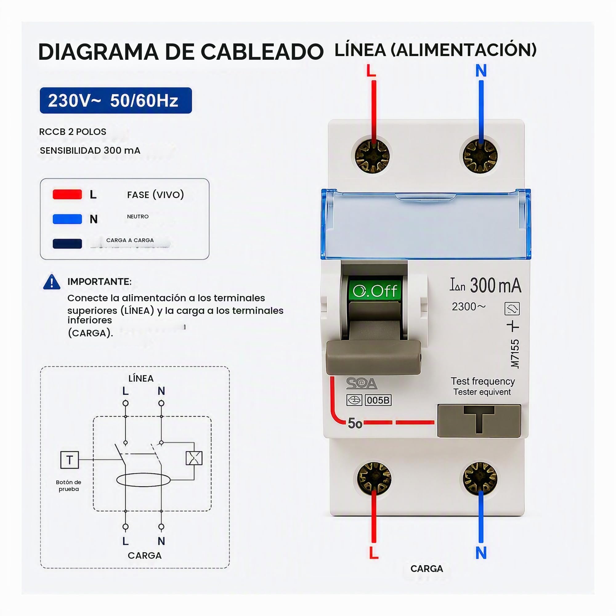 Interruptor Diferencial 300mA 63a, 230V, 2 Polos, RCCB, Protección Eléctrica con Botón de Prueba, Protección Sobrecorriente y Fugas.