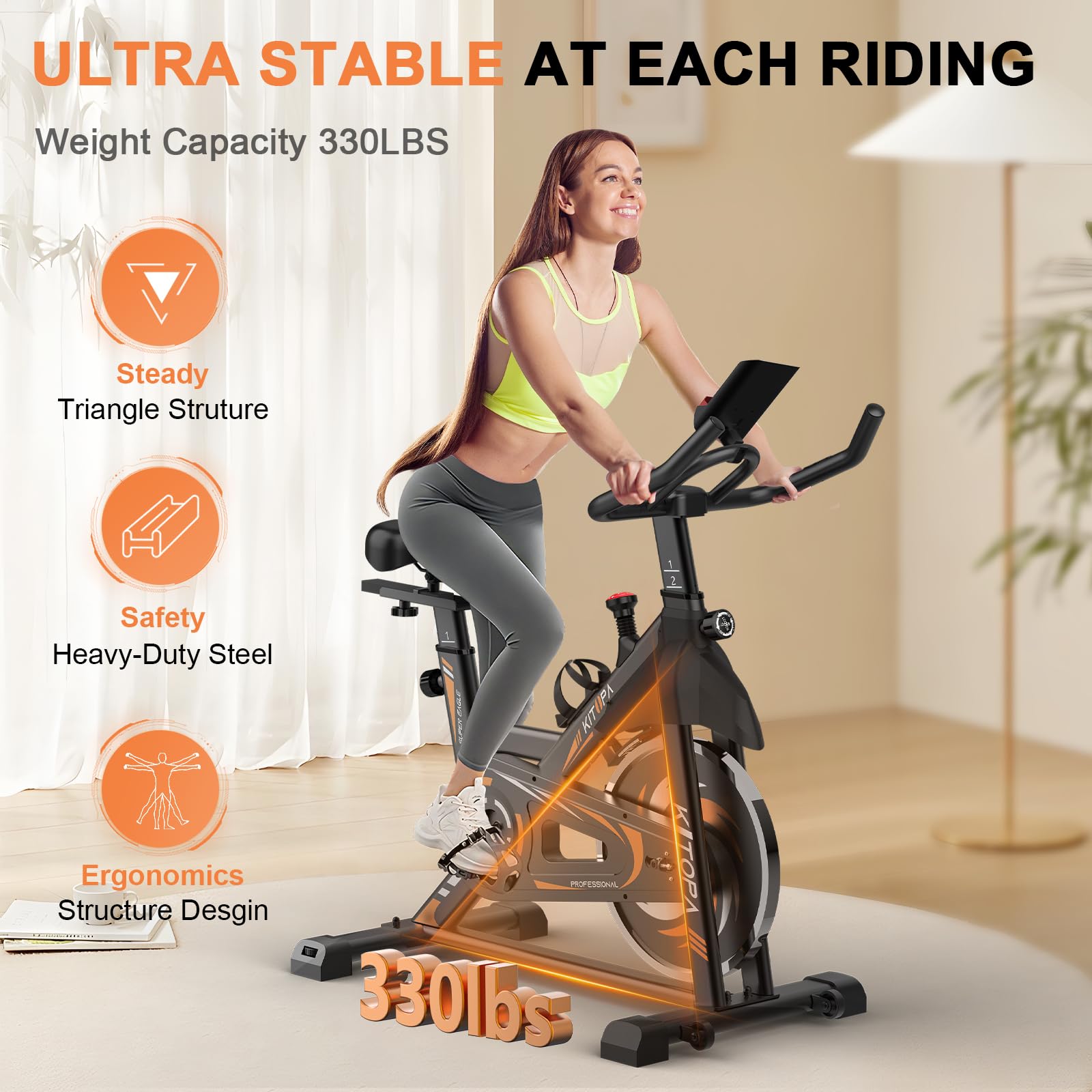 Kitopa Cyclette da Casa, Cyclette Professionale Magnetica con APP, Volano da 15 kg, Schermo Monitoraggio, Supporto Tablet, Capacità di Peso 150 kg