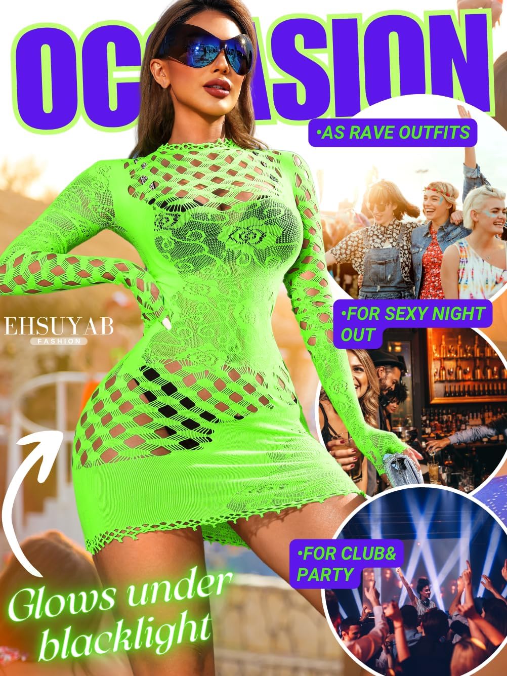 EHSUYAB Club Outfits, Hollow Out, Long Sleeve One Piece Bodycon Fishnet Dress