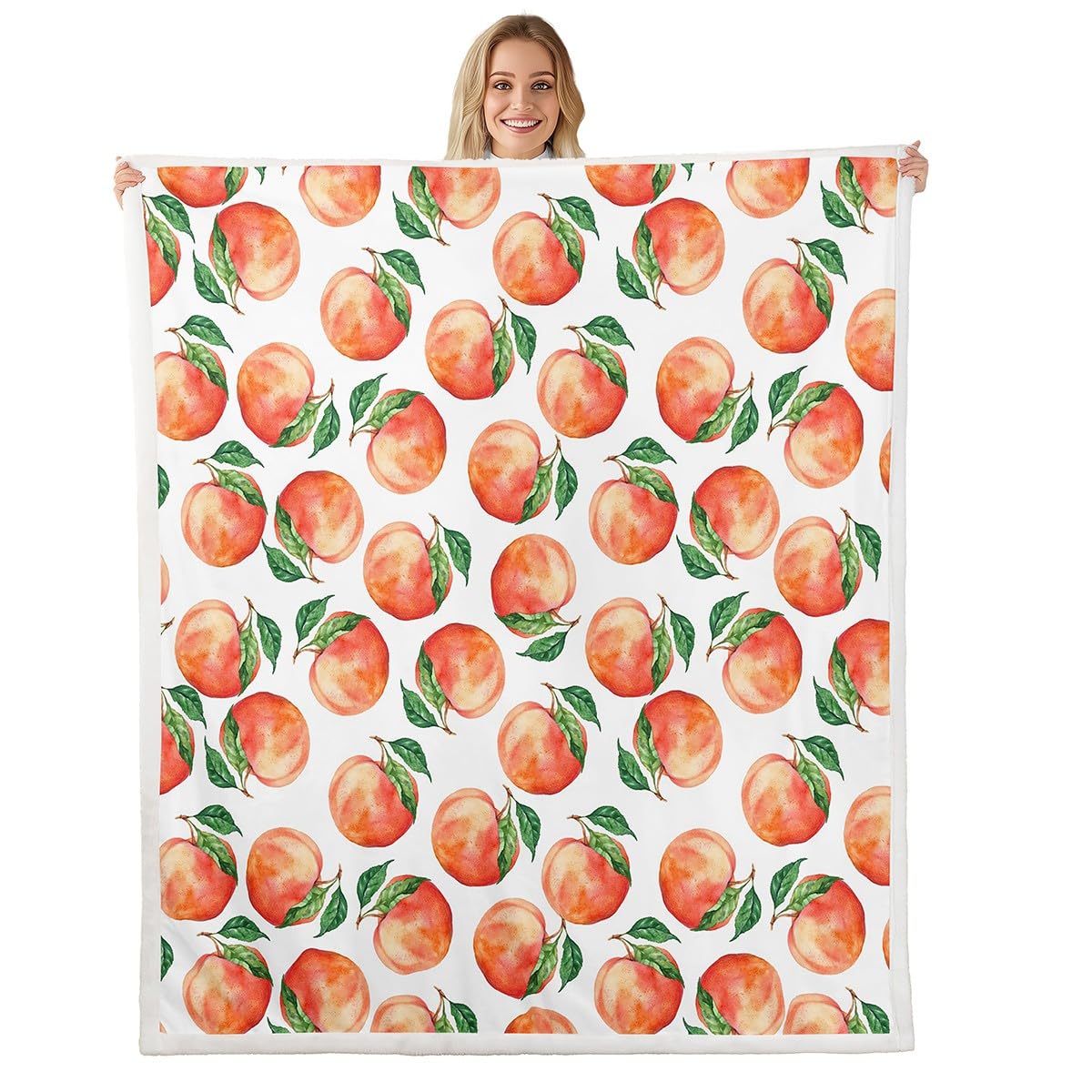 Feelyou Peach Print Plush Blanket Cute Tropical Fruit Peaches Fleece Blanket Red Green Design Sherpa Throw Blanket for Bed Sofa Couch Room Decor