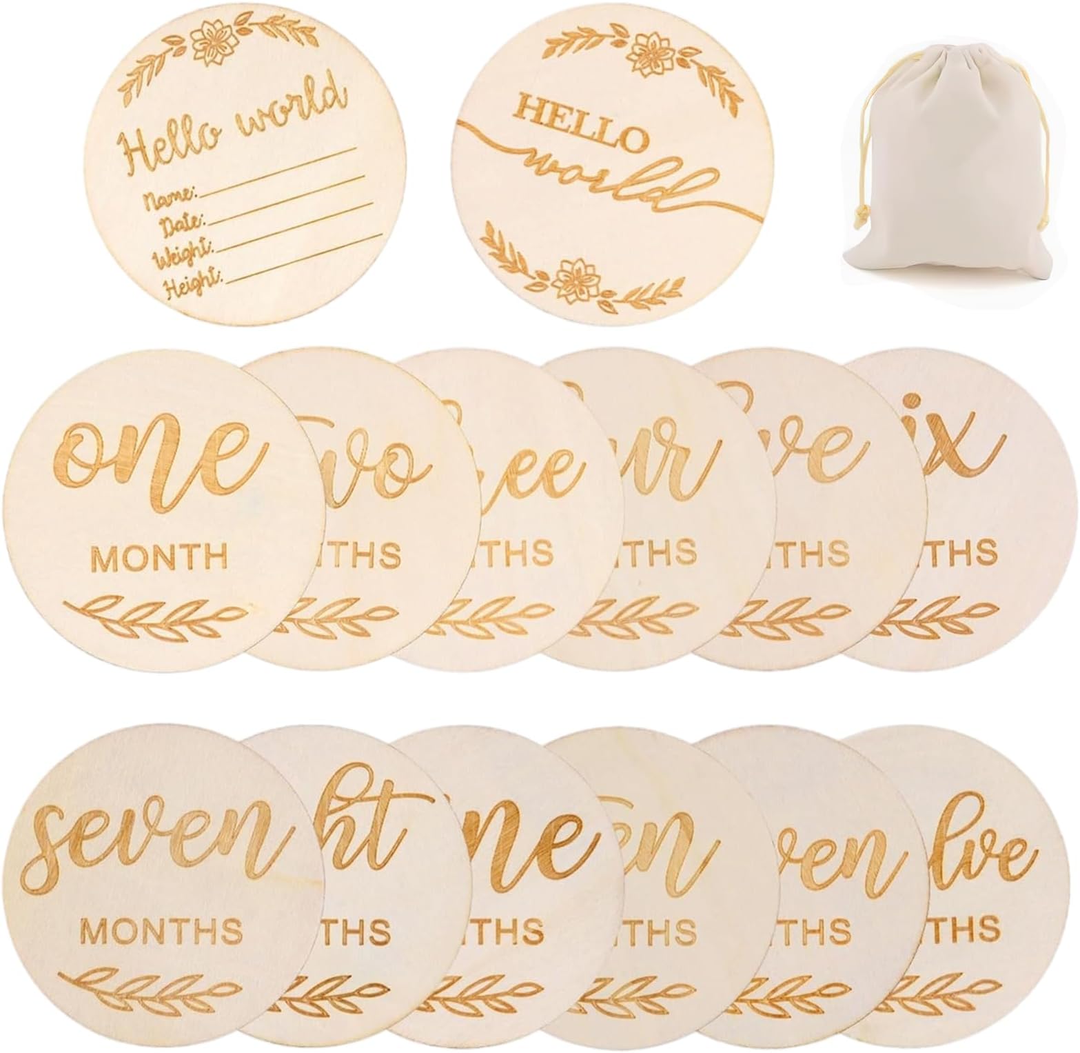 13PCS Baby Monthly Milestone Cards, 1-12 Months Wooden Months Milestone Discs and A Storage Bag